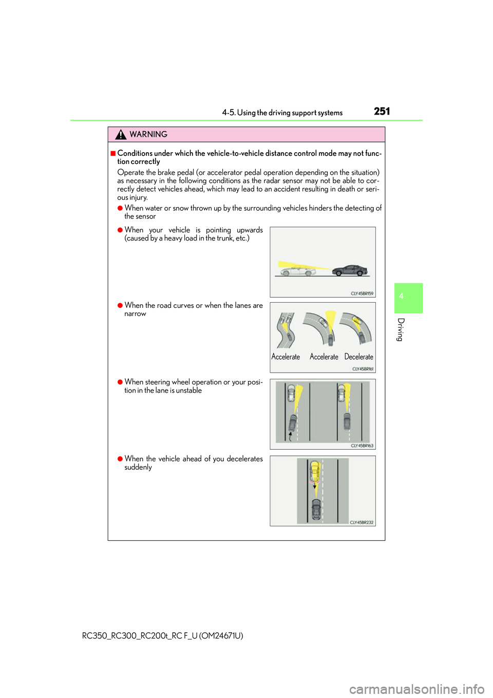 LEXUS RC200T 2016 Owners Manual 2514-5. Using the driving support systems
4
Driving
RC350_RC300_RC200t_RC F_U (OM24671U)
WA R N I N G
■Conditions under which the vehicle-to-vehicle distance control mode may not func-
tion correctl LEXUS RC200T 2016 Owners Manual 2514-5. Using the driving support systems
4
Driving
RC350_RC300_RC200t_RC F_U (OM24671U)
WA R N I N G
■Conditions under which the vehicle-to-vehicle distance control mode may not func-
tion correctl