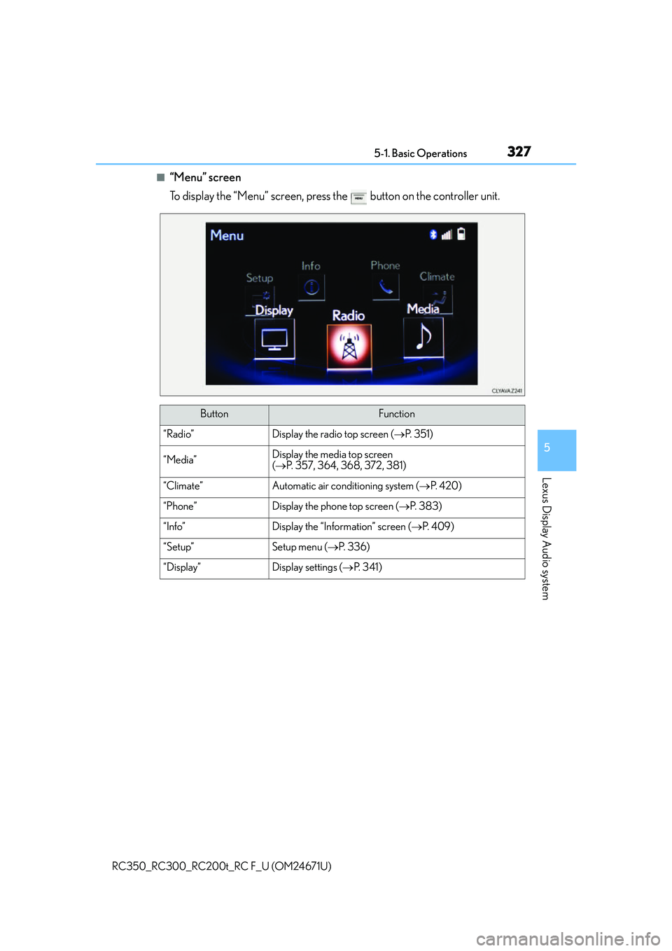 LEXUS RC200T 2016 Owners Manual 3275-1. Basic Operations
5
Lexus Display Audio system
RC350_RC300_RC200t_RC F_U (OM24671U)
■“Menu” screen
To display the “Menu” screen, press the button on the controller unit.
ButtonFunct LEXUS RC200T 2016 Owners Manual 3275-1. Basic Operations
5
Lexus Display Audio system
RC350_RC300_RC200t_RC F_U (OM24671U)
■“Menu” screen
To display the “Menu” screen, press the button on the controller unit.
ButtonFunct