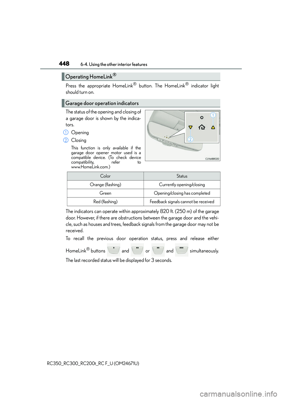 LEXUS RC200T 2016  Owners Manual 4486-4. Using the other interior features
RC350_RC300_RC200t_RC F_U (OM24671U)
Press the appropriate HomeLink® button. The HomeLink® indicator light
should turn on.
The status of the opening and clo