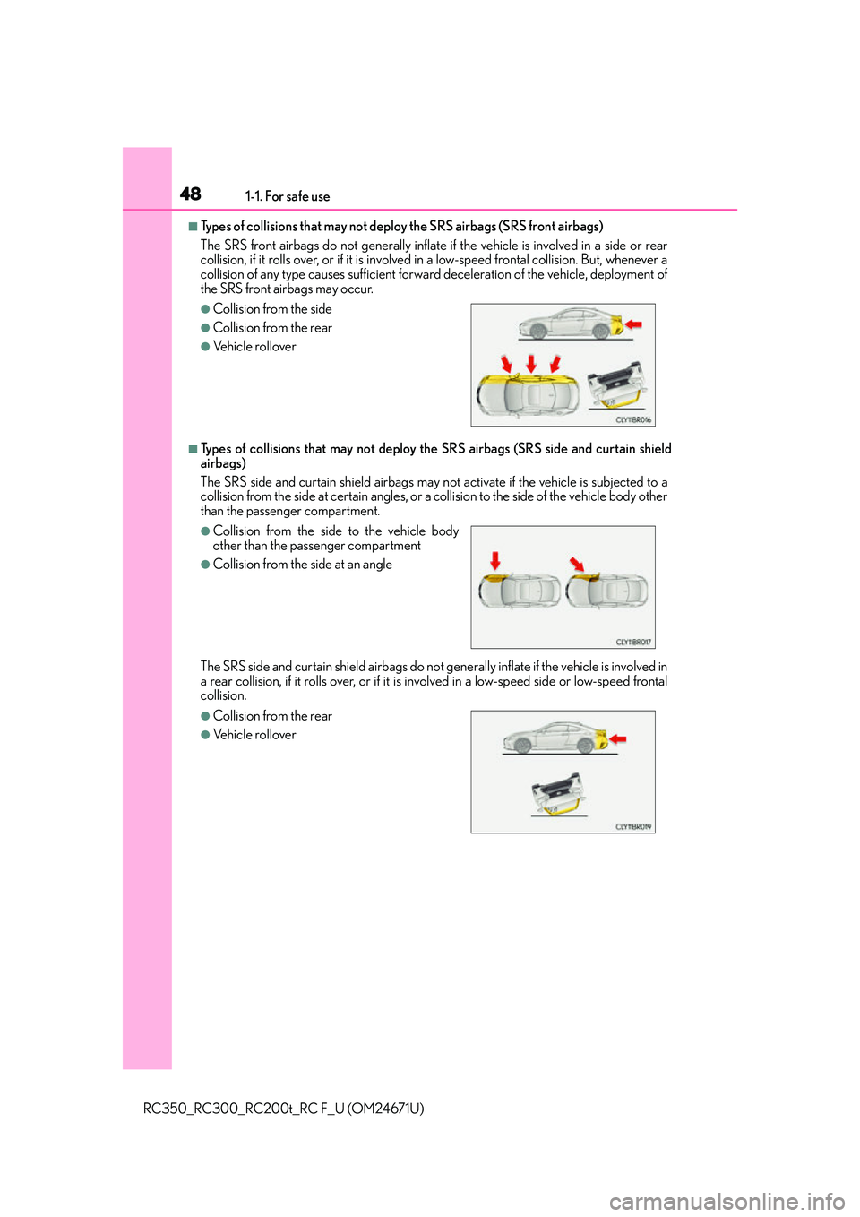 LEXUS RC200T 2016 Service Manual 481-1. For safe use
RC350_RC300_RC200t_RC F_U (OM24671U)
■Types of collisions that may not deploy the SRS airbags (SRS front airbags)
The SRS front airbags do not gene rally inflate if the vehicle i LEXUS RC200T 2016 Service Manual 481-1. For safe use
RC350_RC300_RC200t_RC F_U (OM24671U)
■Types of collisions that may not deploy the SRS airbags (SRS front airbags)
The SRS front airbags do not gene rally inflate if the vehicle i