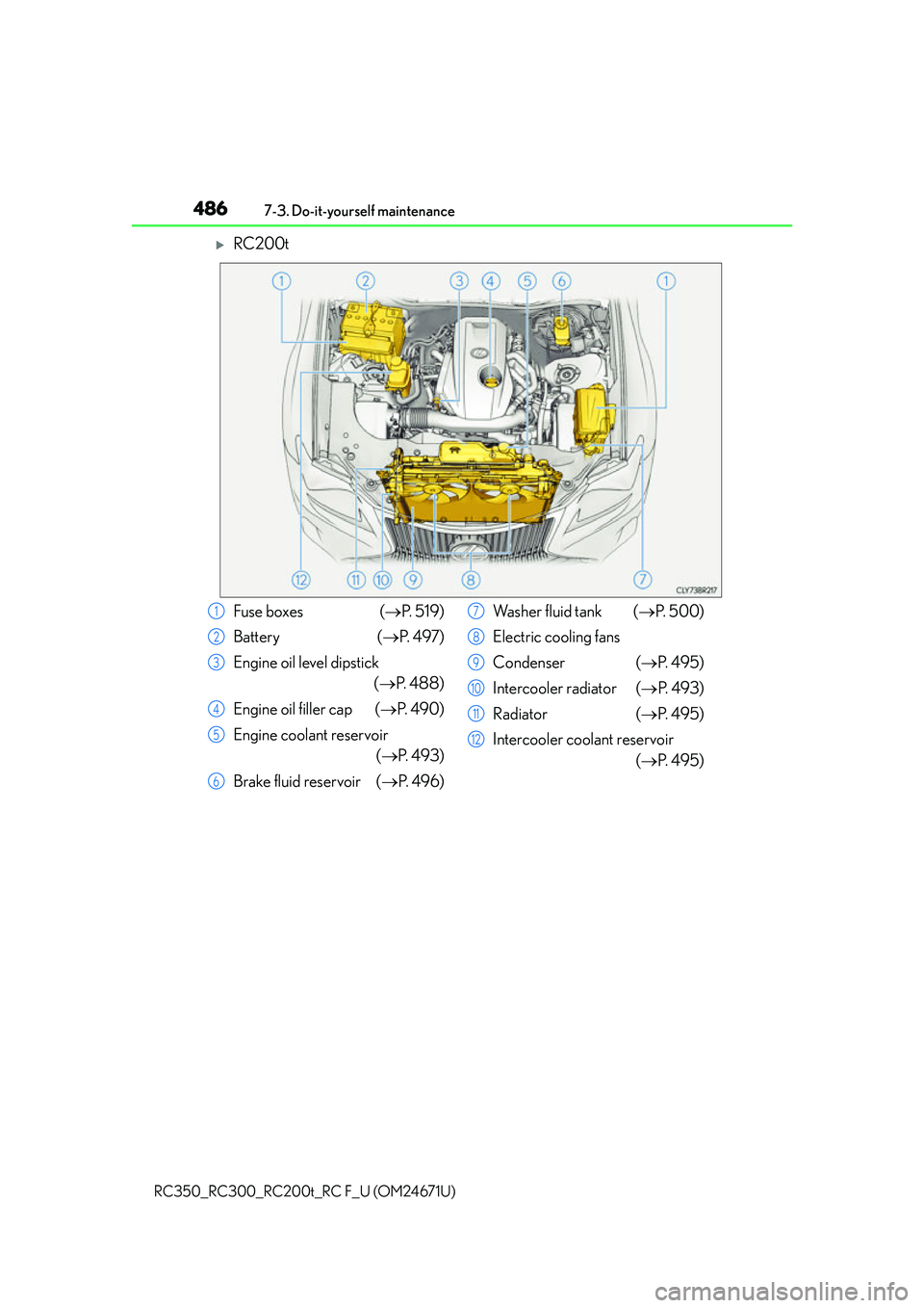 LEXUS RC200T 2016 Owners Manual 4867-3. Do-it-yourself maintenance
RC350_RC300_RC200t_RC F_U (OM24671U)
RC200t
Fuse boxes ( P. 5 1 9 )
Battery ( P. 4 9 7 )
Engine oil level dipstick (P. 4 8 8 )
Engine oil filler cap LEXUS RC200T 2016 Owners Manual 4867-3. Do-it-yourself maintenance
RC350_RC300_RC200t_RC F_U (OM24671U)
RC200t
Fuse boxes ( P. 5 1 9 )
Battery ( P. 4 9 7 )
Engine oil level dipstick (P. 4 8 8 )
Engine oil filler cap