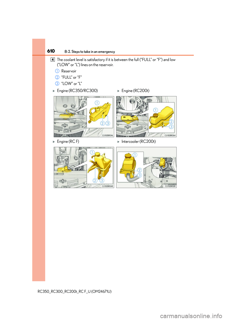 LEXUS RC200T 2016 Owners Manual 6108-2. Steps to take in an emergency
RC350_RC300_RC200t_RC F_U (OM24671U)
The coolant level is satisfactory if it is between the full (“FULL” or “F”) and low
(“LOW” or “L”) lines on t LEXUS RC200T 2016 Owners Manual 6108-2. Steps to take in an emergency
RC350_RC300_RC200t_RC F_U (OM24671U)
The coolant level is satisfactory if it is between the full (“FULL” or “F”) and low
(“LOW” or “L”) lines on t