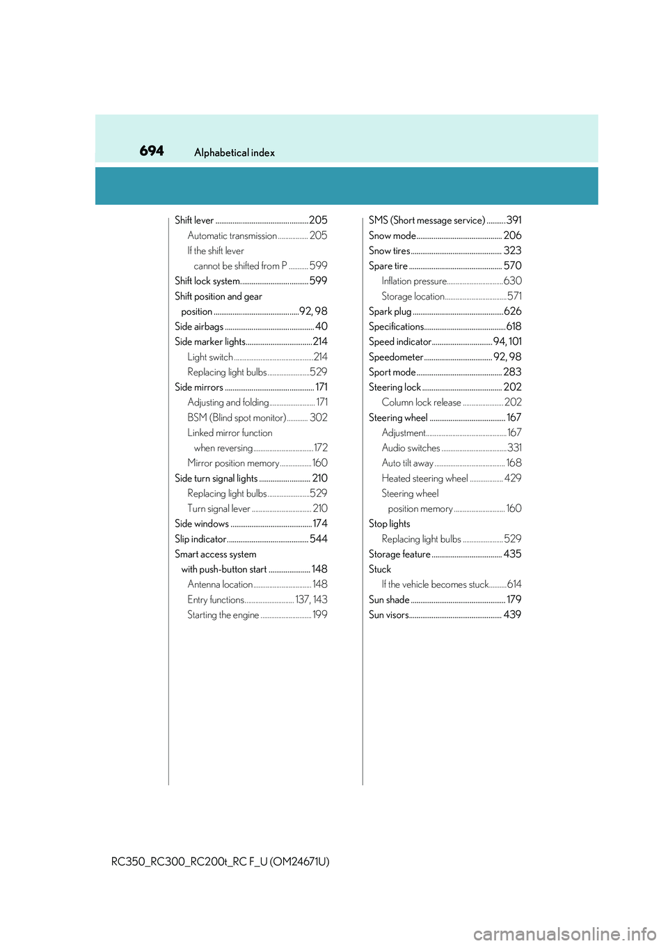 LEXUS RC200T 2016  Owners Manual 694Alphabetical index
RC350_RC300_RC200t_RC F_U (OM24671U)
Shift lever ................................................. 205Automatic transmission ................. 205
If the shift lever cannot be sh