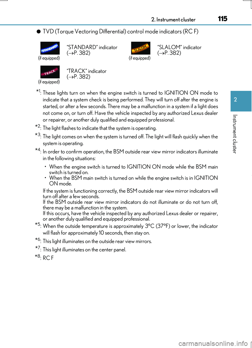 LEXUS RC200T 2017 Owners Manual 1152. Instrument cluster
2
Instrument cluster
RC200t_RC F_EE(OM24728E)
●TVD (Torque Vectoring Differential) control mode indicators (RC F)
*1: These lights turn on when the engine switch is turned t LEXUS RC200T 2017 Owners Manual 1152. Instrument cluster
2
Instrument cluster
RC200t_RC F_EE(OM24728E)
●TVD (Torque Vectoring Differential) control mode indicators (RC F)
*1: These lights turn on when the engine switch is turned t