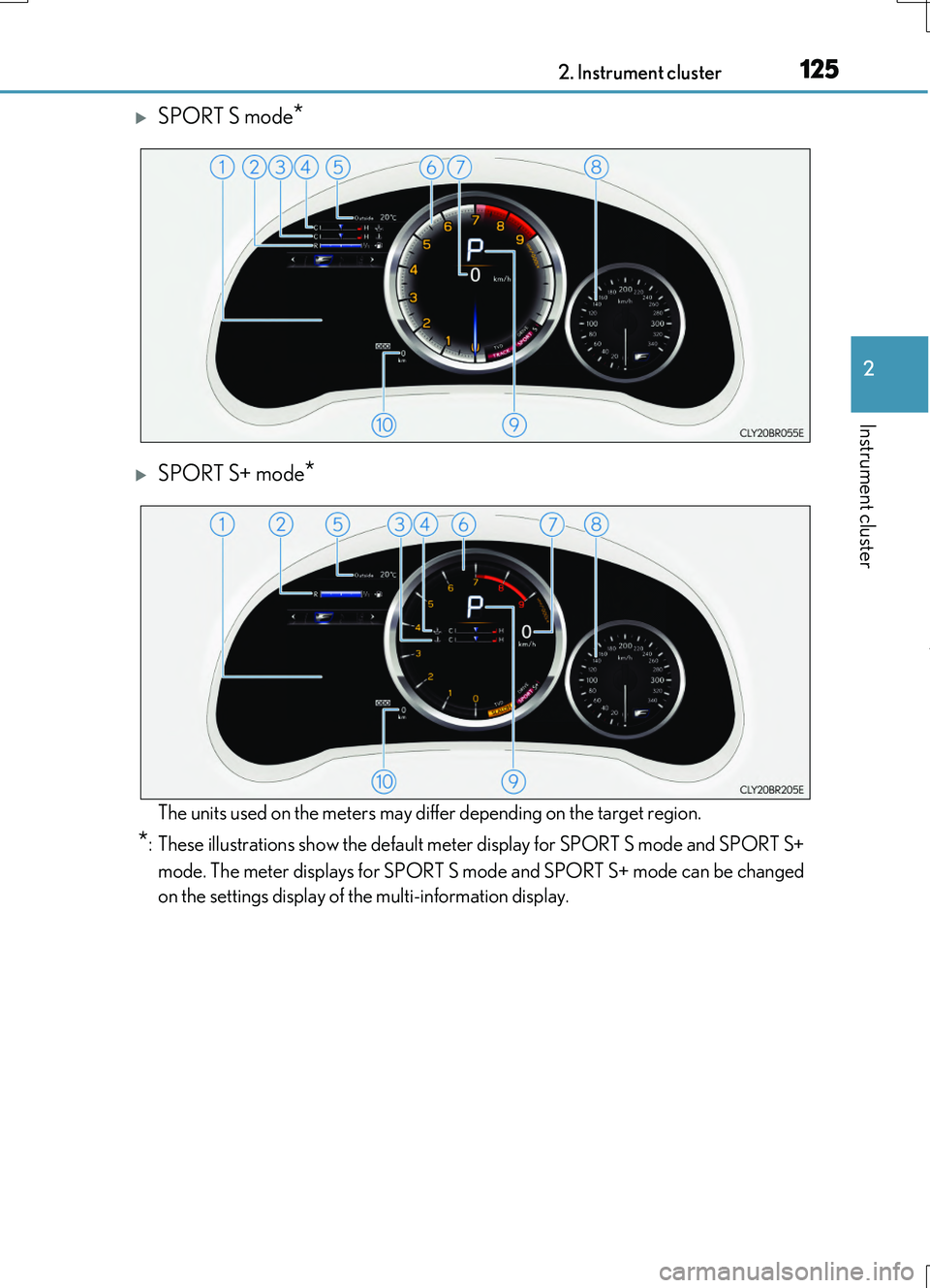 LEXUS RC200T 2017 Owners Manual 1252. Instrument cluster
2
Instrument cluster
RC200t_RC F_EE(OM24728E)
SPORT S mode*
SPORT S+ mode*
The units used on the meters may differ depending on the target region.
*: These illustrations LEXUS RC200T 2017 Owners Manual 1252. Instrument cluster
2
Instrument cluster
RC200t_RC F_EE(OM24728E)
SPORT S mode*
SPORT S+ mode*
The units used on the meters may differ depending on the target region.
*: These illustrations