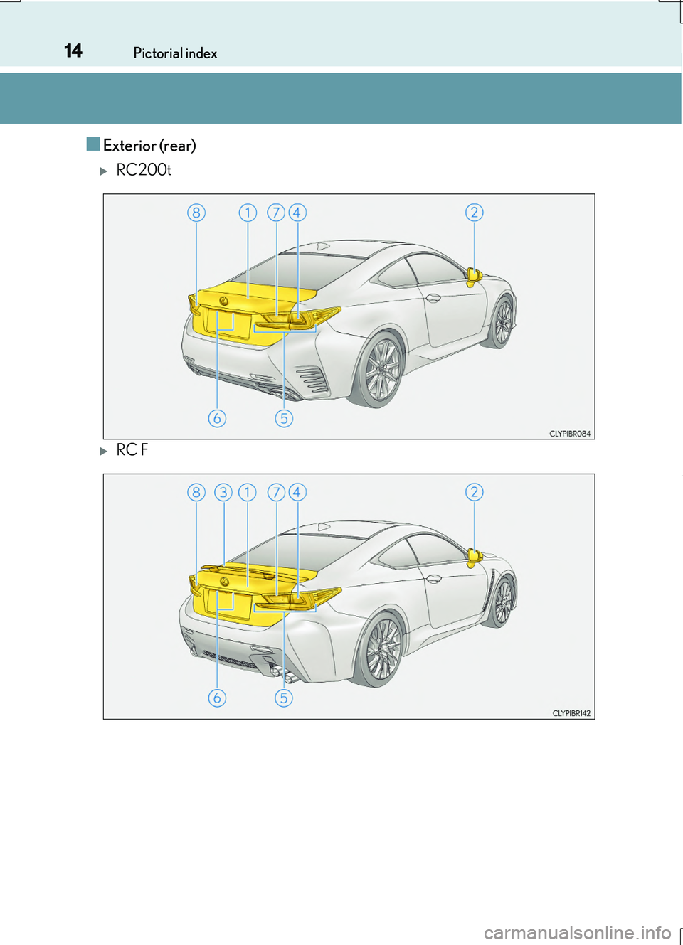 LEXUS RC200T 2017 User Guide 14Pictorial index
RC200t_RC F_EE(OM24728E)
■Exterior (rear)
RC200t
RC F LEXUS RC200T 2017 User Guide 14Pictorial index
RC200t_RC F_EE(OM24728E)
■Exterior (rear)
RC200t
RC F