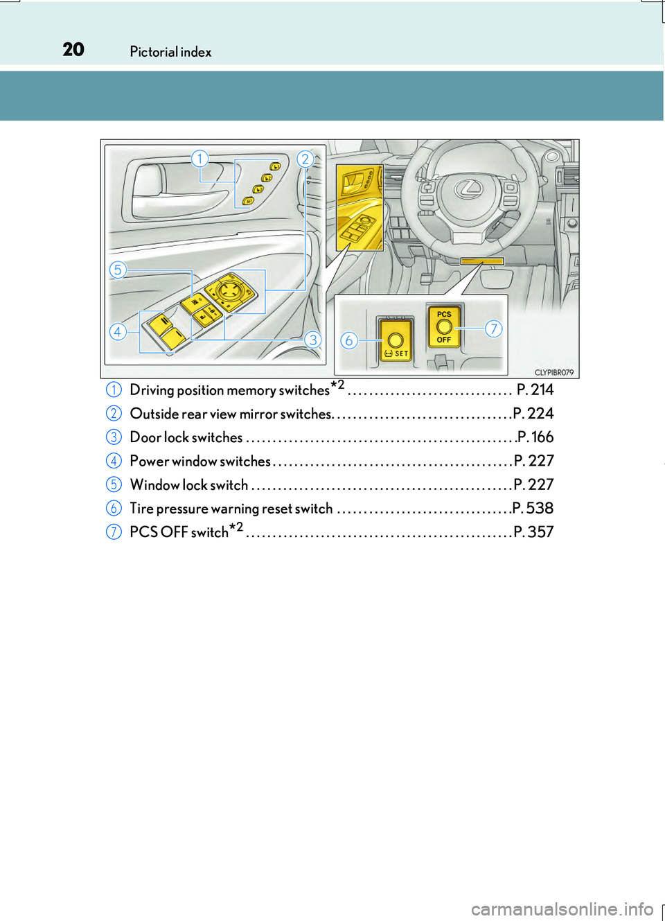 LEXUS RC200T 2017 User Guide 20Pictorial index
RC200t_RC F_EE(OM24728E)
Driving position memory switches*2 . . . . . . . . . . . . . . . . . . . . . . . . . . . . . . . P. 214
Outside rear view mirror switches. . . . . . . . . LEXUS RC200T 2017 User Guide 20Pictorial index
RC200t_RC F_EE(OM24728E)
Driving position memory switches*2 . . . . . . . . . . . . . . . . . . . . . . . . . . . . . . . P. 214
Outside rear view mirror switches. . . . . . . . .