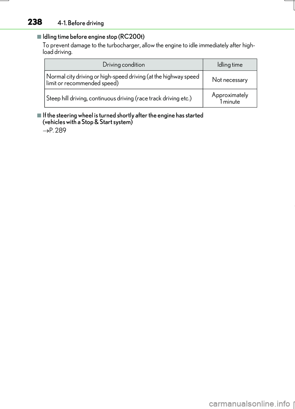 LEXUS RC200T 2017 Repair Manual 2384-1. Before driving
RC200t_RC F_EE(OM24728E)
■Idling time before engine stop (RC200t)
To prevent damage to the turbocharger, allow the engine to idle immediately after high- load driving.
■If LEXUS RC200T 2017 Repair Manual 2384-1. Before driving
RC200t_RC F_EE(OM24728E)
■Idling time before engine stop (RC200t)
To prevent damage to the turbocharger, allow the engine to idle immediately after high- load driving.
■If