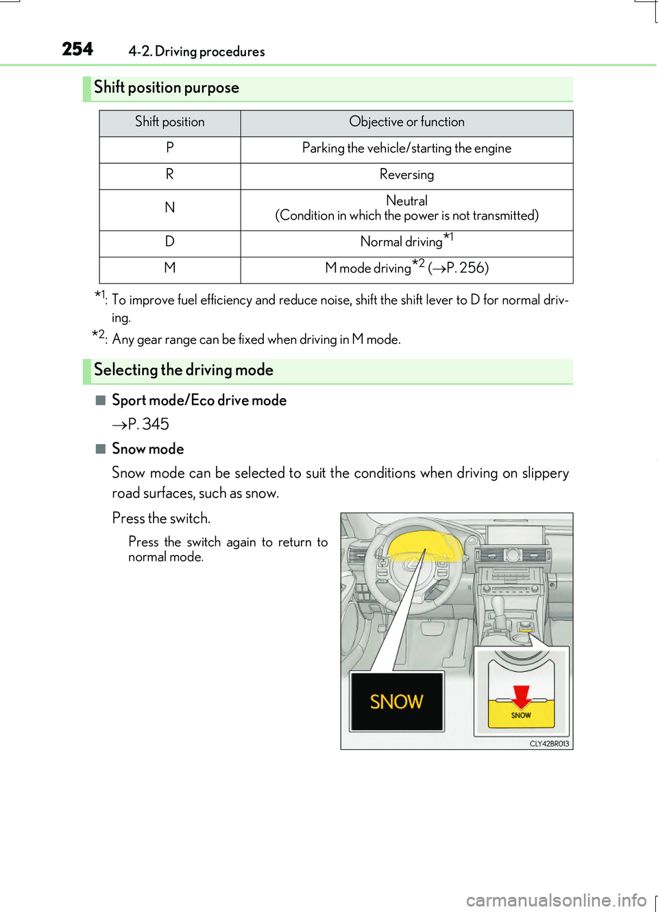 LEXUS RC200T 2017 Manual PDF 2544-2. Driving procedures
RC200t_RC F_EE(OM24728E)
*1: To improve fuel efficiency and reduce noise, shift the shift lever to D for normal driv-
ing.
*2: Any gear range can be fixed when driving in M LEXUS RC200T 2017 Manual PDF 2544-2. Driving procedures
RC200t_RC F_EE(OM24728E)
*1: To improve fuel efficiency and reduce noise, shift the shift lever to D for normal driv-
ing.
*2: Any gear range can be fixed when driving in M