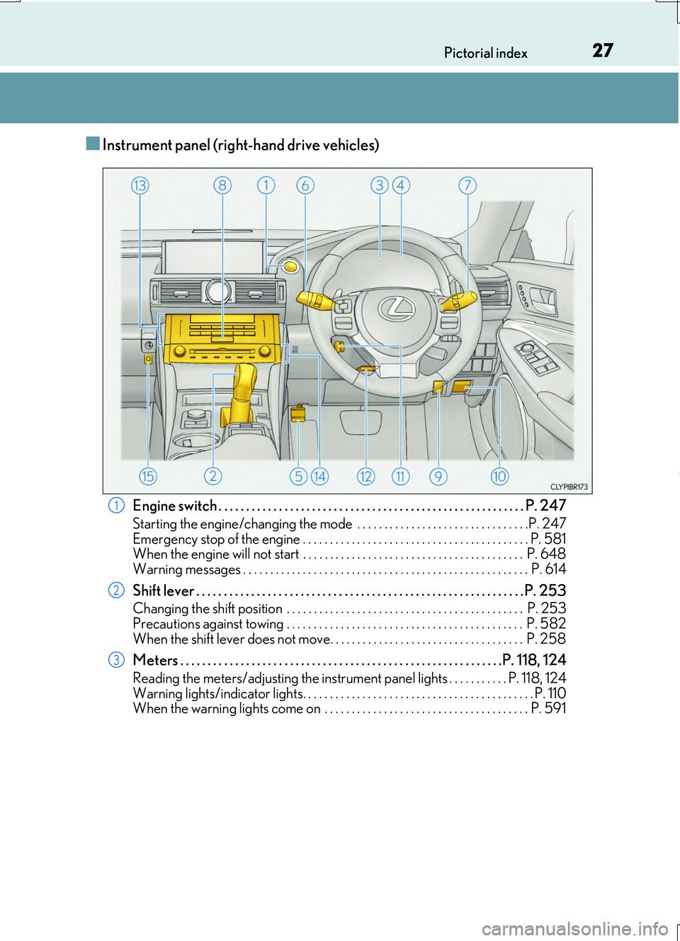 LEXUS RC200T 2017  Owners Manual 27Pictorial index 
RC200t_RC F_EE(OM24728E)
■Instrument panel (right-hand drive vehicles)
Engine switch . . . . . . . . . . . . . . . . . . . . . . . . . . . . . . . . . . . . . . . . . . . . . . . 