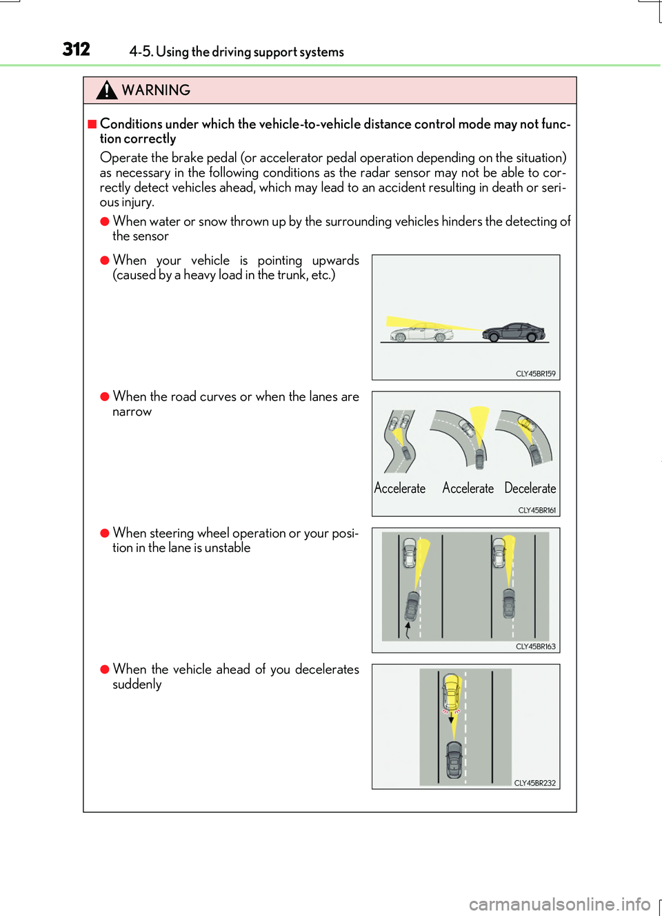 LEXUS RC200T 2017 Owners Guide 3124-5. Using the driving support systems
RC200t_RC F_EE(OM24728E)
WARNING
■Conditions under which the vehicle-to-vehicle distance control mode may not func- tion correctly
Operate the brake pedal LEXUS RC200T 2017 Owners Guide 3124-5. Using the driving support systems
RC200t_RC F_EE(OM24728E)
WARNING
■Conditions under which the vehicle-to-vehicle distance control mode may not func- tion correctly
Operate the brake pedal