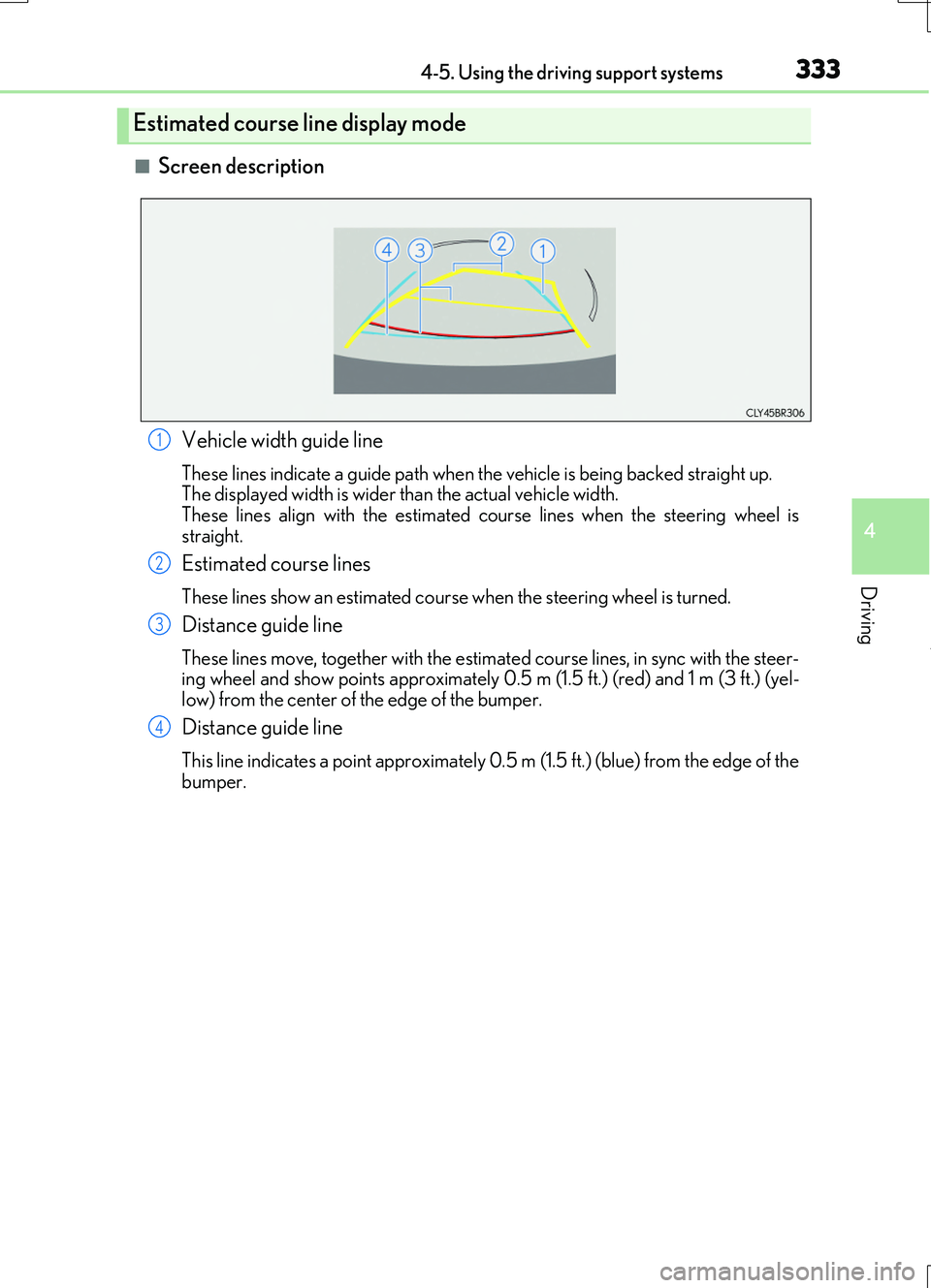 LEXUS RC200T 2017 Owners Manual 3334-5. Using the driving support systems
4
Driving
RC200t_RC F_EE(OM24728E)
■Screen description
Estimated course line display mode
Vehicle width guide line
These lines indicate a guide path when th LEXUS RC200T 2017 Owners Manual 3334-5. Using the driving support systems
4
Driving
RC200t_RC F_EE(OM24728E)
■Screen description
Estimated course line display mode
Vehicle width guide line
These lines indicate a guide path when th