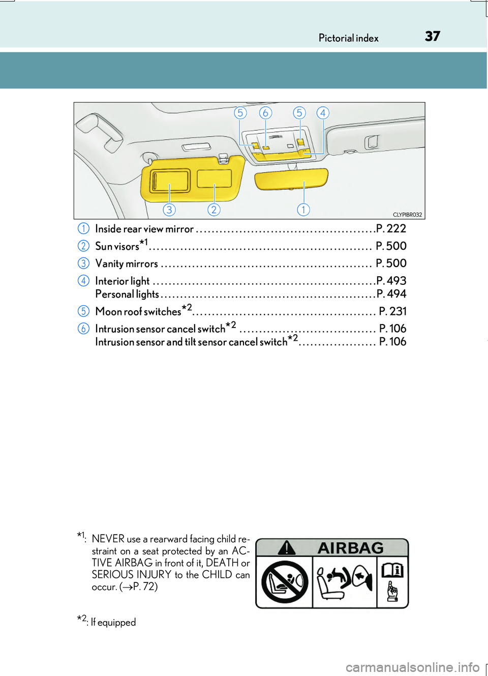 LEXUS RC200T 2017  Owners Manual 37Pictorial index 
RC200t_RC F_EE(OM24728E)
Inside rear view mirror . . . . . . . . . . . . . . . . . . . . . . . . . . . . . . . . . . . . . . . . . . . . . .P. 222 
Sun visors
*1. . . . . . . . . . 