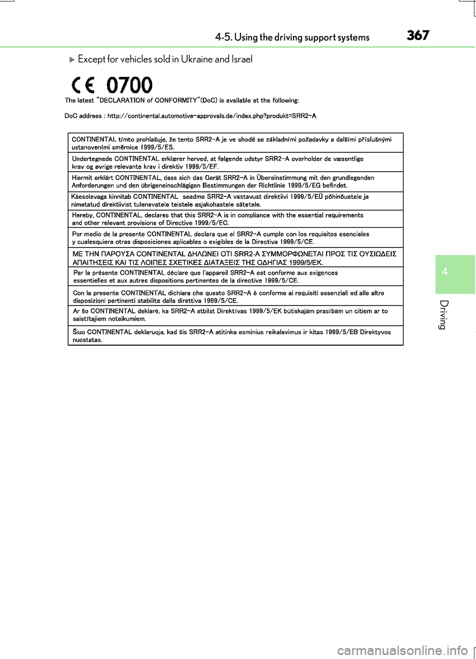 LEXUS RC200T 2017 Owners Manual 3674-5. Using the driving support systems
4
Driving
RC200t_RC F_EE(OM24728E)
Except for vehicles sold in Ukraine and Israel LEXUS RC200T 2017 Owners Manual 3674-5. Using the driving support systems
4
Driving
RC200t_RC F_EE(OM24728E)
Except for vehicles sold in Ukraine and Israel