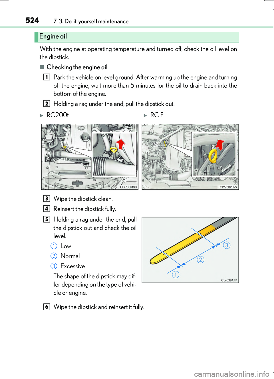 LEXUS RC200T 2017 Owners Manual 5247-3. Do-it-yourself maintenance
RC200t_RC F_EE(OM24728E)
With the engine at operating temperature and turned off, check the oil level on
the dipstick.
■Checking the engine oil
Park the vehicle LEXUS RC200T 2017 Owners Manual 5247-3. Do-it-yourself maintenance
RC200t_RC F_EE(OM24728E)
With the engine at operating temperature and turned off, check the oil level on
the dipstick.
■Checking the engine oil
Park the vehicle