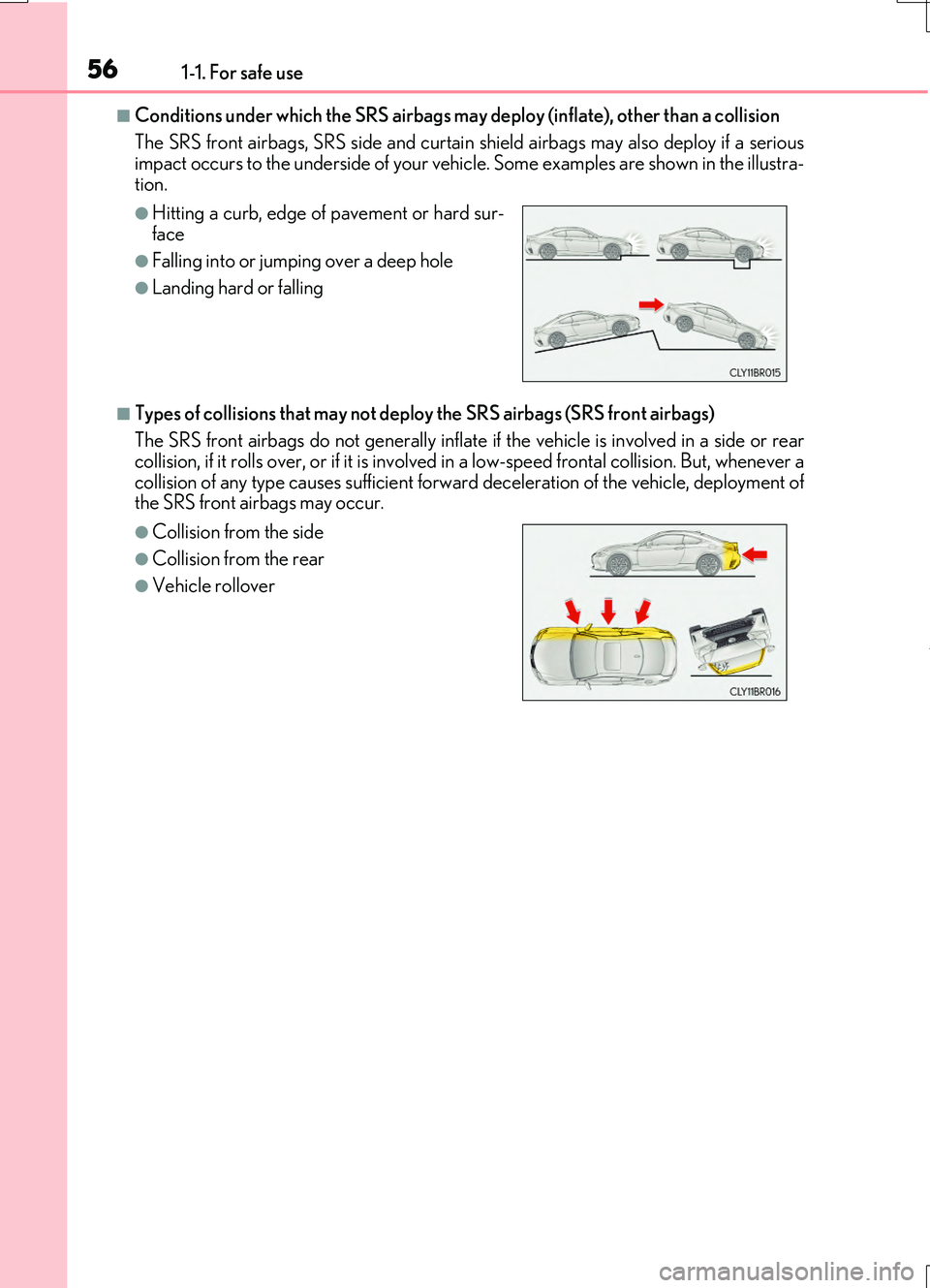 LEXUS RC200T 2017 Workshop Manual 561-1. For safe use
RC200t_RC F_EE(OM24728E)
■Conditions under which the SRS airbags may deploy (inflate), other than a collision
The SRS front airbags, SRS side and curtain sh ield airbags may al LEXUS RC200T 2017 Workshop Manual 561-1. For safe use
RC200t_RC F_EE(OM24728E)
■Conditions under which the SRS airbags may deploy (inflate), other than a collision
The SRS front airbags, SRS side and curtain sh ield airbags may al
