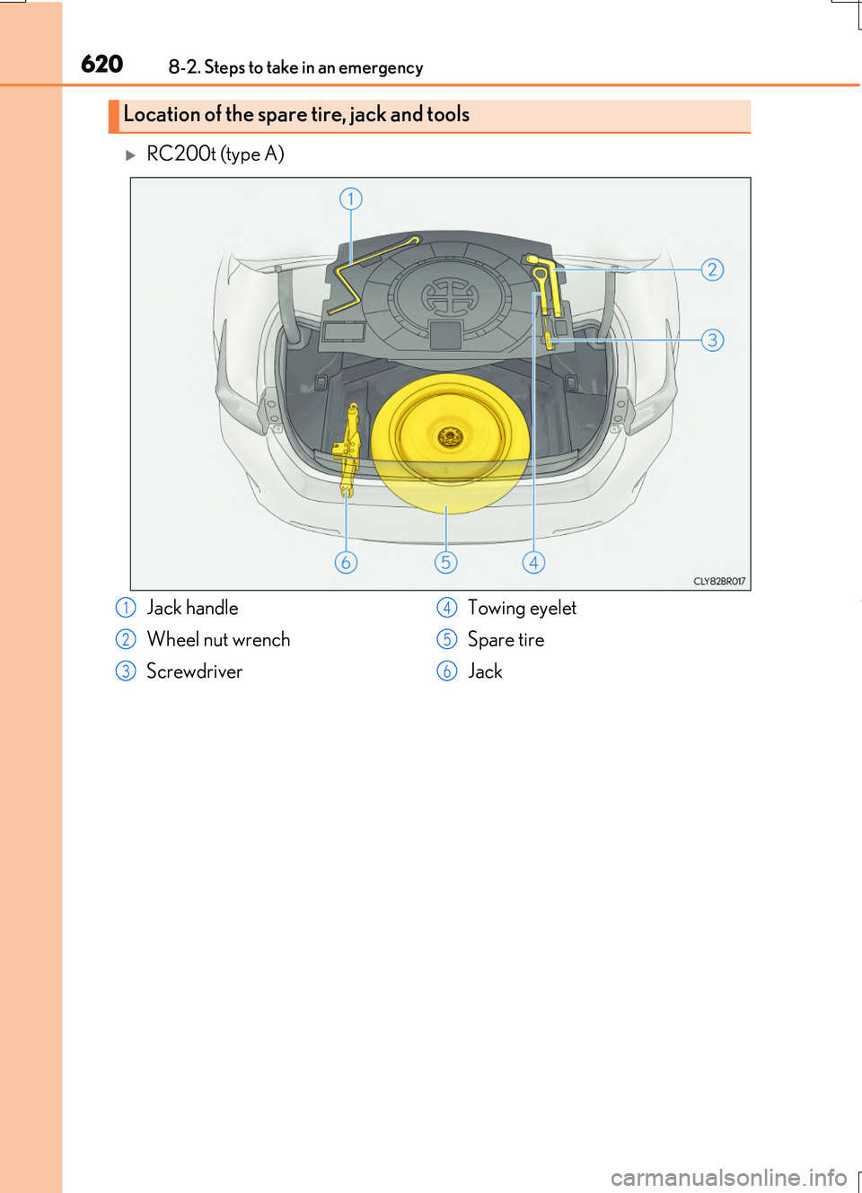 LEXUS RC200T 2017  Owners Manual 6208-2. Steps to take in an emergency
RC200t_RC F_EE(OM24728E)
RC200t (type A)
Location of the spare tire, jack and tools
Jack handle 
Wheel nut wrench
Screwdriver 
Towing eyelet 
Spare tire
Jack
1