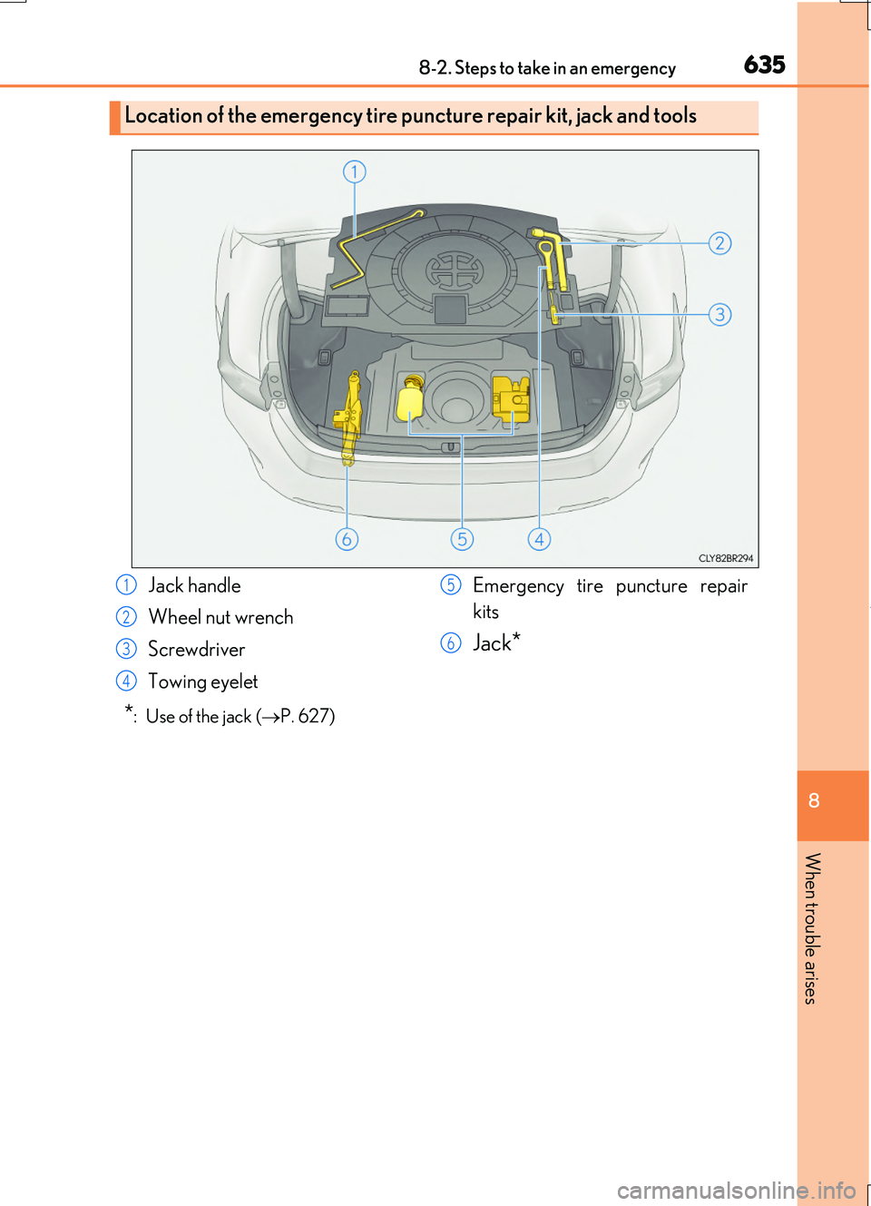 LEXUS RC200T 2017  Owners Manual 6358-2. Steps to take in an emergency
8
When trouble arises
RC200t_RC F_EE(OM24728E)
*:  Use of the jack (P. 627)
Location of the emergency tire puncture repair kit, jack and tools 
Jack handle 
Wh