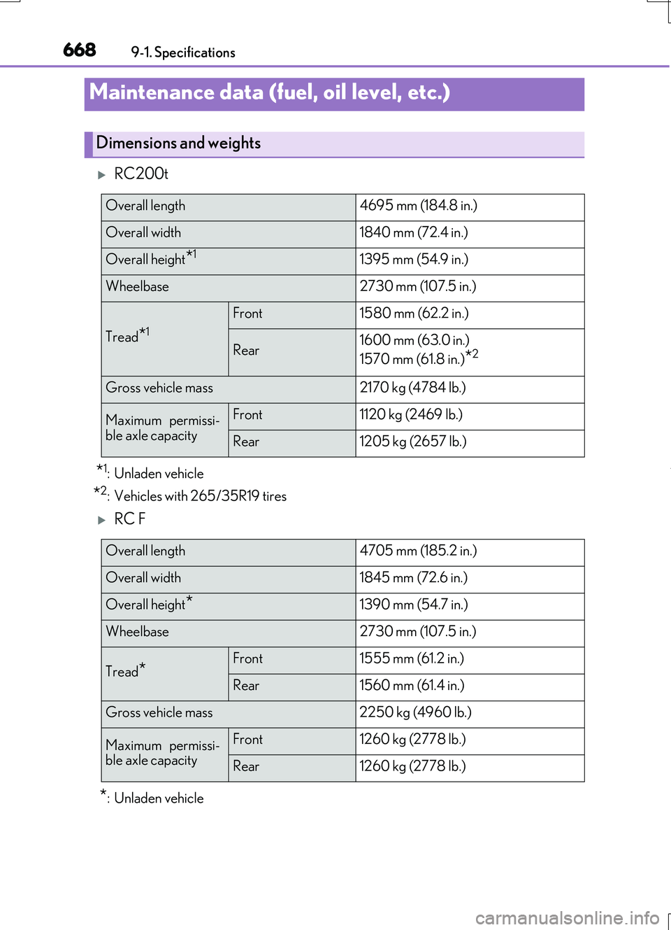 LEXUS RC200T 2017  Owners Manual 668
RC200t_RC F_EE(OM24728E) 
9-1. Specifications
RC200t
*1: Unladen vehicle
*2: Vehicles with 265/35R19 tires
RC F
*: Unladen vehicle
Maintenance data (fuel, oil level, etc.)
Dimensions and wei