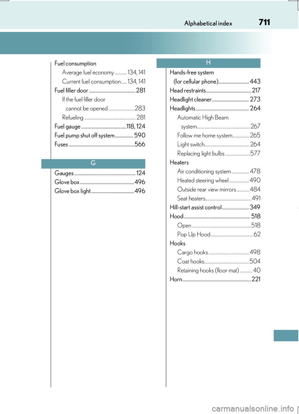 LEXUS RC200T 2017  Owners Manual 711Alphabetical index
RC200t_RC F_EE(OM24728E)
Fuel consumption 
Average fuel economy ............ 134, 141 
Current fuel consumption...... 134, 141 
Fuel filler door .................................