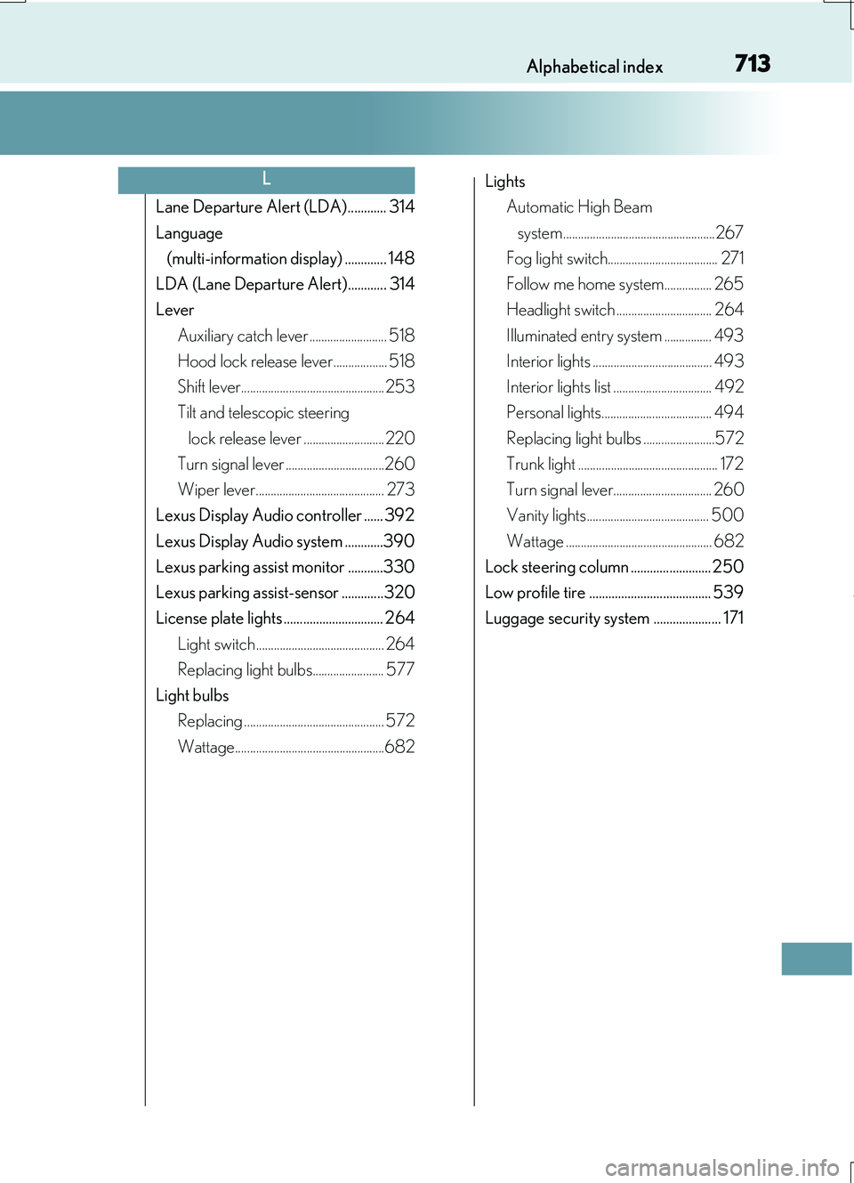 LEXUS RC200T 2017 Manual PDF 713Alphabetical index
RC200t_RC F_EE(OM24728E)
Lane Departure Alert (LDA)............ 314
Language
(multi-information display) ............. 148
LDA (Lane Departure Alert)............ 314
Lever
LEXUS RC200T 2017 Manual PDF 713Alphabetical index
RC200t_RC F_EE(OM24728E)
Lane Departure Alert (LDA)............ 314
Language
(multi-information display) ............. 148
LDA (Lane Departure Alert)............ 314
Lever