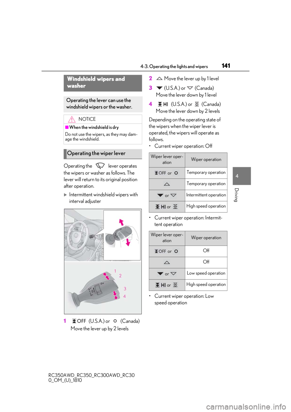 LEXUS RC300 2019  Owners Manual 1414-3. Operating the lights and wipers
RC350AWD_RC350_RC300AWD_RC30
0_OM_(U)_1810
4
Driving
Operating the   lever operates 
the wipers or washer as follows. The 
lever will return to its original pos