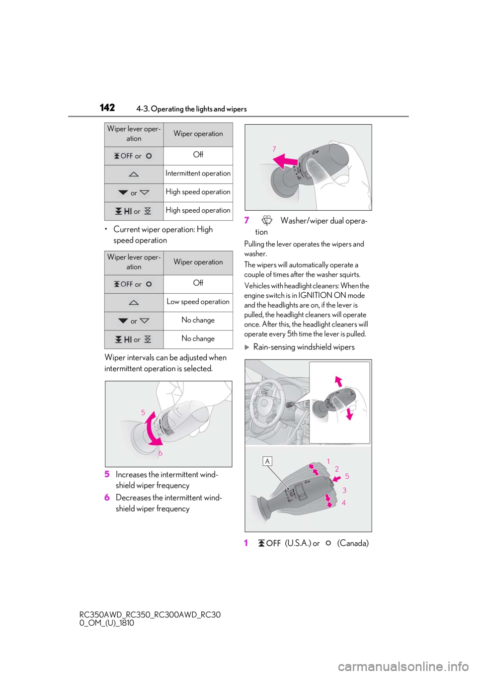 LEXUS RC300 2019  Owners Manual 1424-3. Operating the lights and wipers
RC350AWD_RC350_RC300AWD_RC30
0_OM_(U)_1810
• Current wiper operation: High speed operation
Wiper intervals can be adjusted when 
intermittent operation is sel