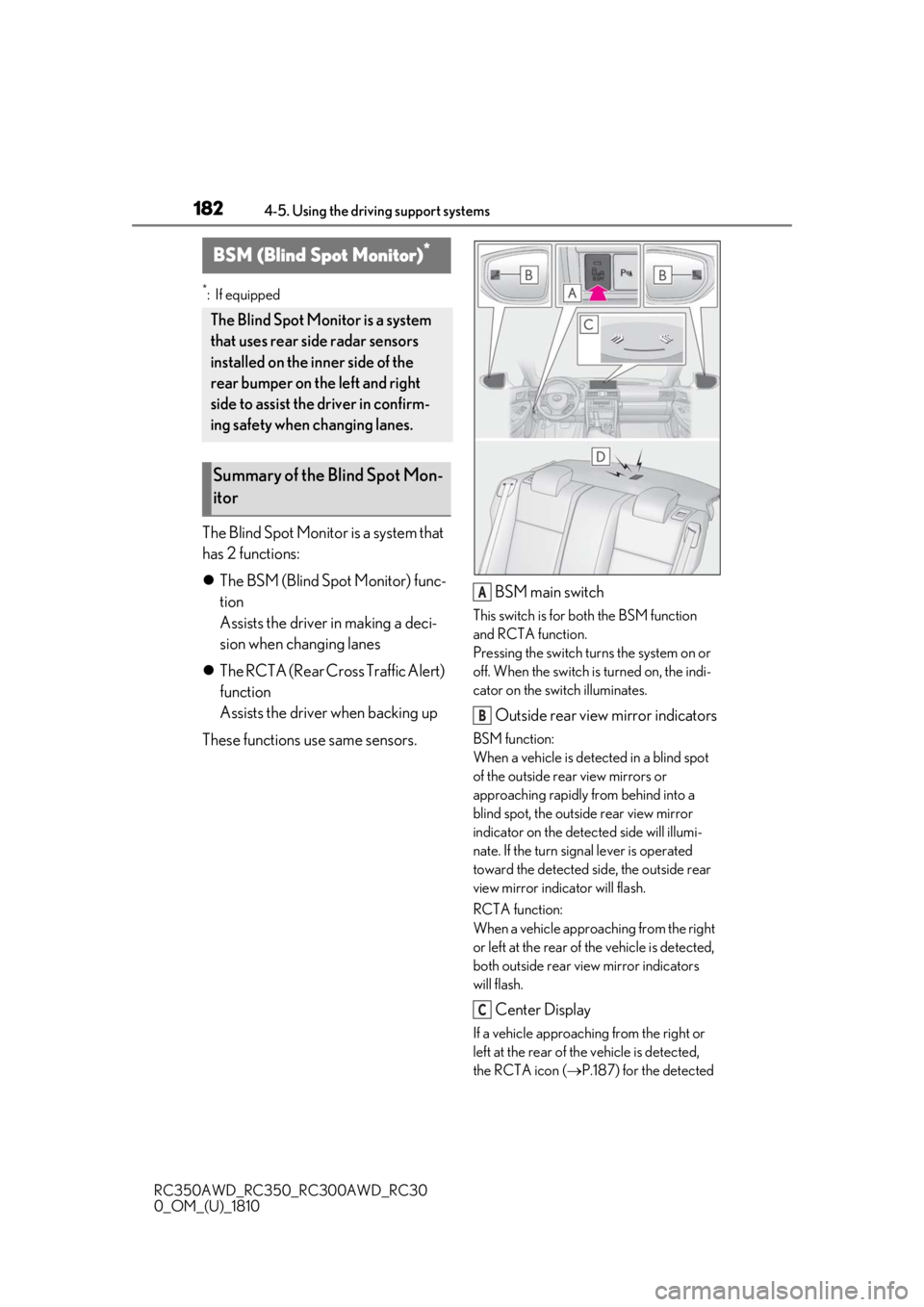 LEXUS RC300 2019  Owners Manual 1824-5. Using the driving support systems
RC350AWD_RC350_RC300AWD_RC30
0_OM_(U)_1810
*:If equipped
The Blind Spot Monitor is a system that 
has 2 functions:
The BSM (Blind Spot Monitor) func-
tion

