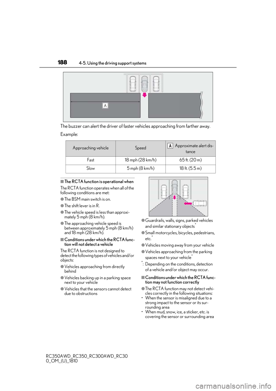 LEXUS RC300 2019  Owners Manual 1884-5. Using the driving support systems
RC350AWD_RC350_RC300AWD_RC30
0_OM_(U)_1810
The buzzer can alert the driver of faster vehicles approaching from farther away.
Example:
■The RCTA function is 