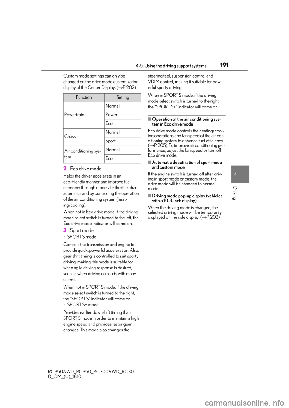 LEXUS RC300 2019 Owners Manual 1914-5. Using the driving support systems
RC350AWD_RC350_RC300AWD_RC30
0_OM_(U)_1810
4
Driving
Custom mode settings can only be
changed on the drive mode customization
display of the Center Display. LEXUS RC300 2019 Owners Manual 1914-5. Using the driving support systems
RC350AWD_RC350_RC300AWD_RC30
0_OM_(U)_1810
4
Driving
Custom mode settings can only be
changed on the drive mode customization
display of the Center Display.