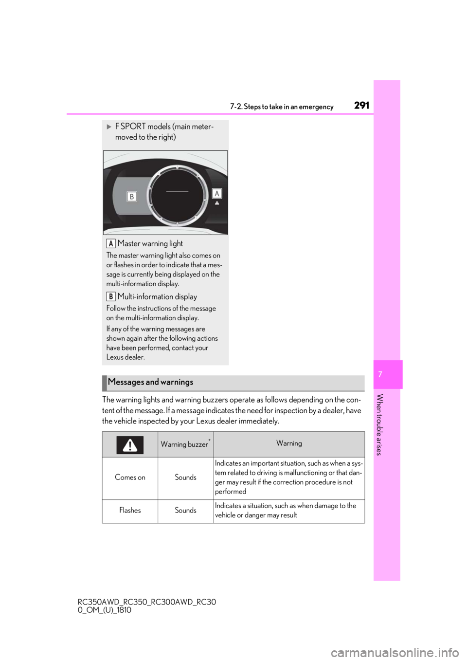 LEXUS RC300 2019  Owners Manual 2917-2. Steps to take in an emergency
RC350AWD_RC350_RC300AWD_RC30
0_OM_(U)_1810
7
When trouble arises
The warning lights and warning buzzers op erate as follows depending on the con-
tent of the mess