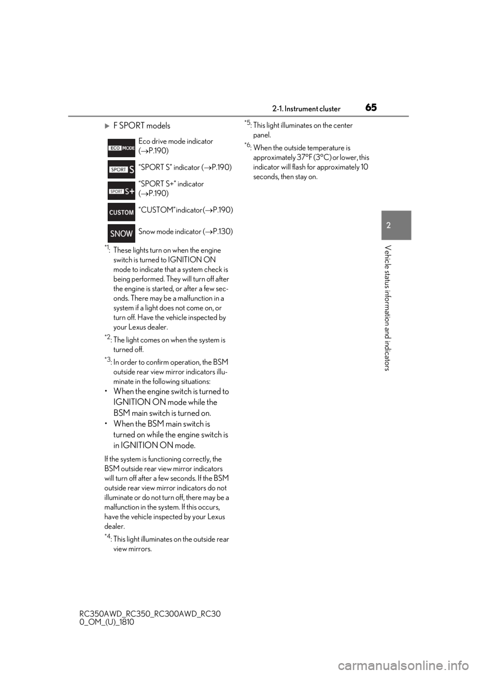 LEXUS RC300 2019  Owners Manual 652-1. Instrument cluster
RC350AWD_RC350_RC300AWD_RC30
0_OM_(U)_1810
2
Vehicle status information and indicators
F SPORT models
*1: These lights turn on when the engine  switch is turned to IGNITIO