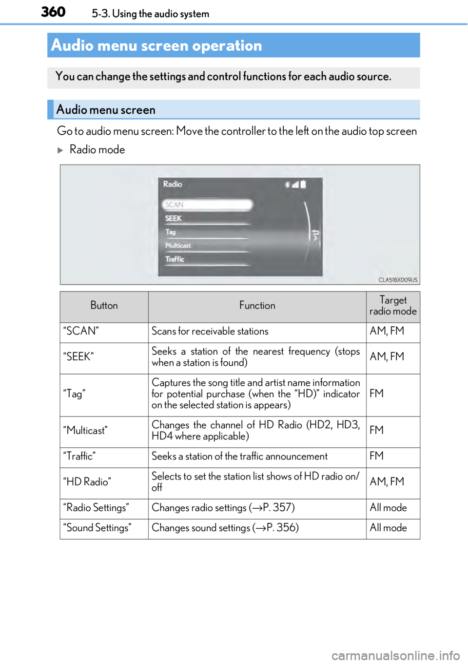LEXUS RC300 2017 Owners Manual 3605-3. Using the audio system
Go to audio menu screen: Move the controller to the left on the audio top screen
Radio mode
Audio menu screen operation
You can change the settings and control functi LEXUS RC300 2017 Owners Manual 3605-3. Using the audio system
Go to audio menu screen: Move the controller to the left on the audio top screen
Radio mode
Audio menu screen operation
You can change the settings and control functi