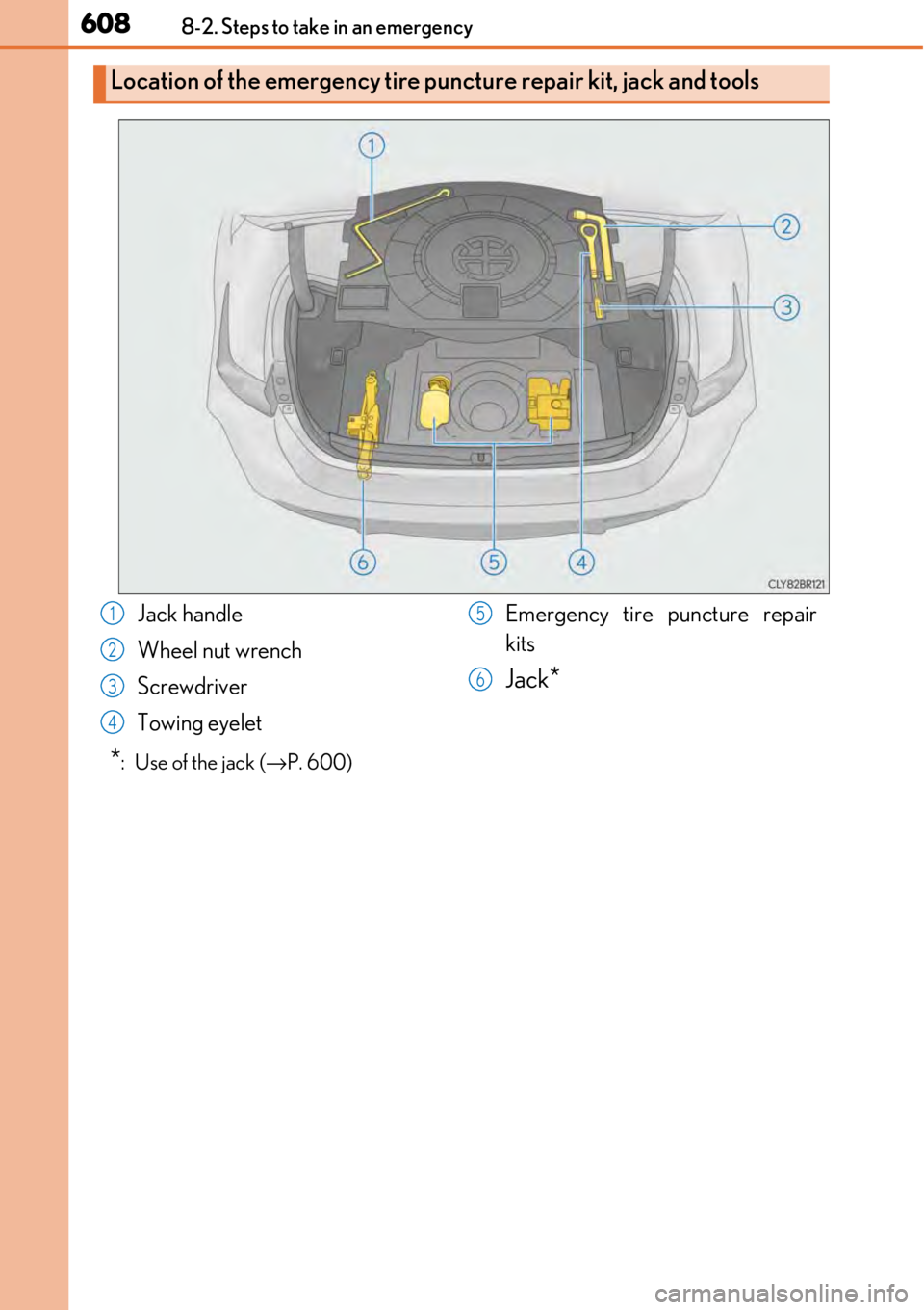 LEXUS RC300 2017  Owners Manual 6088-2. Steps to take in an emergency
*:  Use of the jack (→P. 600)
Location of the emergency tire puncture repair kit, jack and tools
Jack handle
Wheel nut wrench
Screwdriver
Towing eyelet Emergenc