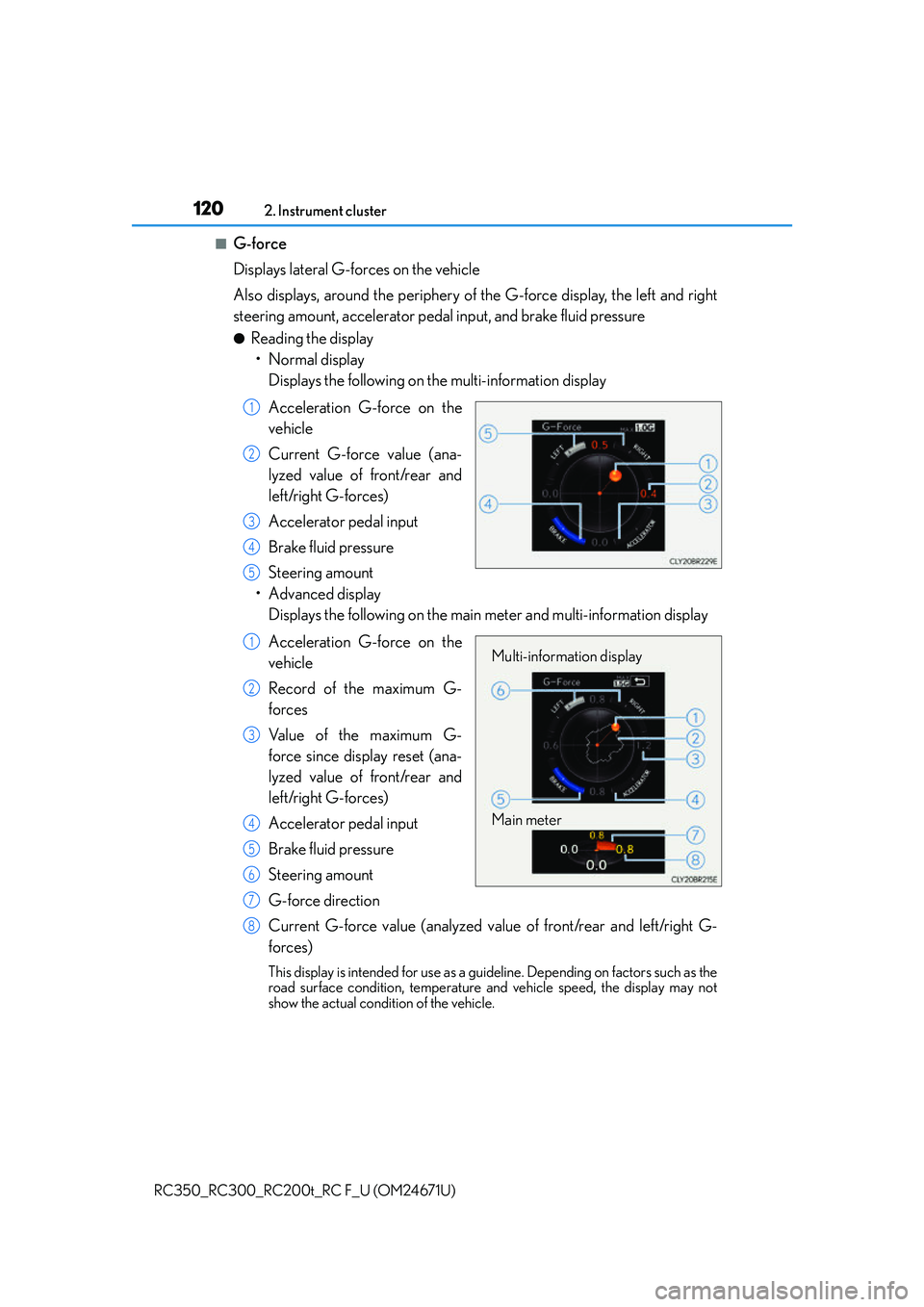 LEXUS RC300 2016  Owners Manual 1202. Instrument cluster
RC350_RC300_RC200t_RC F_U (OM24671U)
■G-force
Displays lateral G-forces on the vehicle 
Also displays, around the periphery of the G-force display, the left and right
steeri