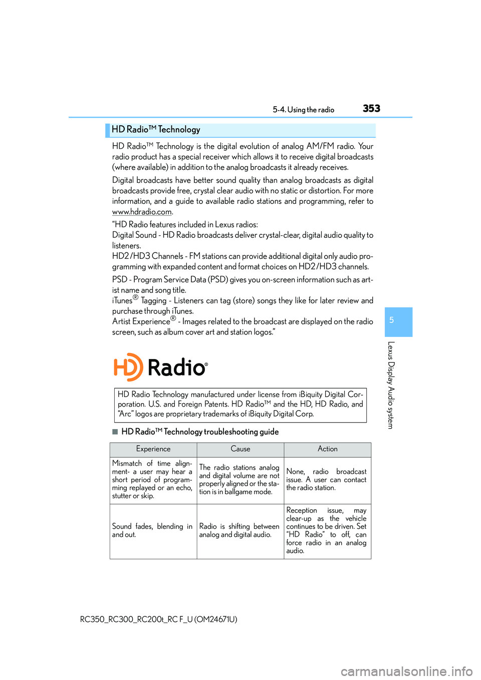 LEXUS RC300 2016 Owners Manual 3535-4. Using the radio
5
Lexus Display Audio system
RC350_RC300_RC200t_RC F_U (OM24671U)
HD Radio™ Technology is the digital evolution of analog AM/FM radio. Your
radio product has a special receiv LEXUS RC300 2016 Owners Manual 3535-4. Using the radio
5
Lexus Display Audio system
RC350_RC300_RC200t_RC F_U (OM24671U)
HD Radio™ Technology is the digital evolution of analog AM/FM radio. Your
radio product has a special receiv