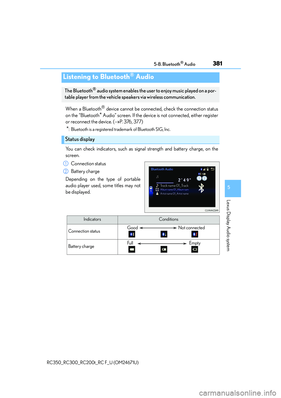 LEXUS RC300 2016  Owners Manual 381
5
Lexus Display Audio system
RC350_RC300_RC200t_RC F_U (OM24671U)5-8. Bluetooth
® Audio
When a Bluetooth® device cannot be connected, check the connection status
on the “Bluetooth
* Audio” s