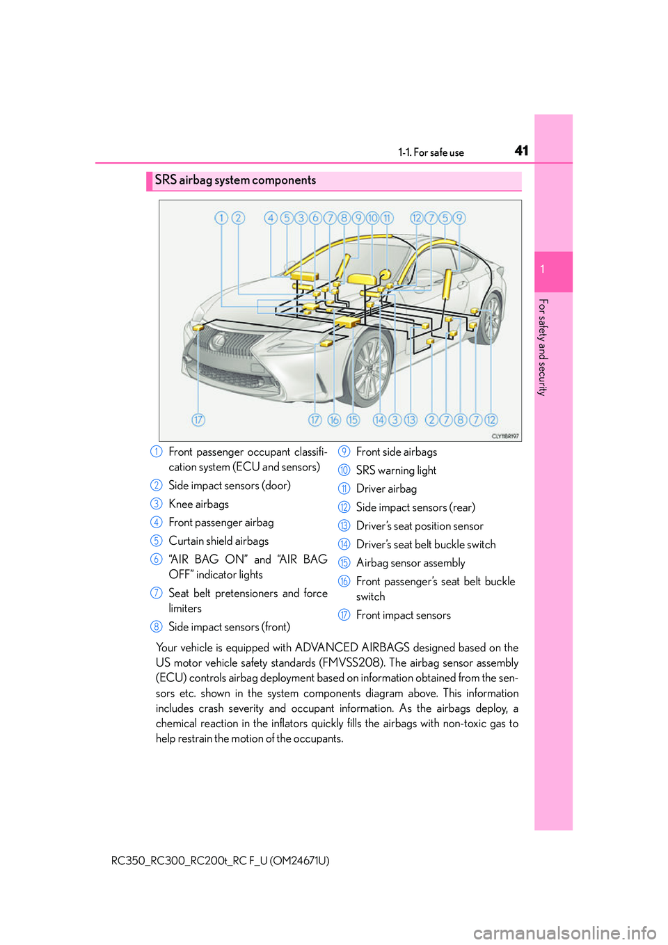 LEXUS RC300 2016  Owners Manual 411-1. For safe use
1
For safety and security
RC350_RC300_RC200t_RC F_U (OM24671U)
Your vehicle is equipped with ADVANCED AIRBAGS designed based on the
US motor vehicle safety standards (FMVSS208). Th