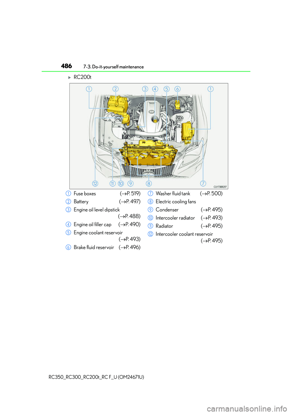 LEXUS RC300 2016  Owners Manual 4867-3. Do-it-yourself maintenance
RC350_RC300_RC200t_RC F_U (OM24671U)
RC200t
Fuse boxes  ( P.  5 1 9 )
Battery ( P.  4 9 7 )
Engine oil level dipstick (P.  4 8 8 )
Engine oil filler cap 
