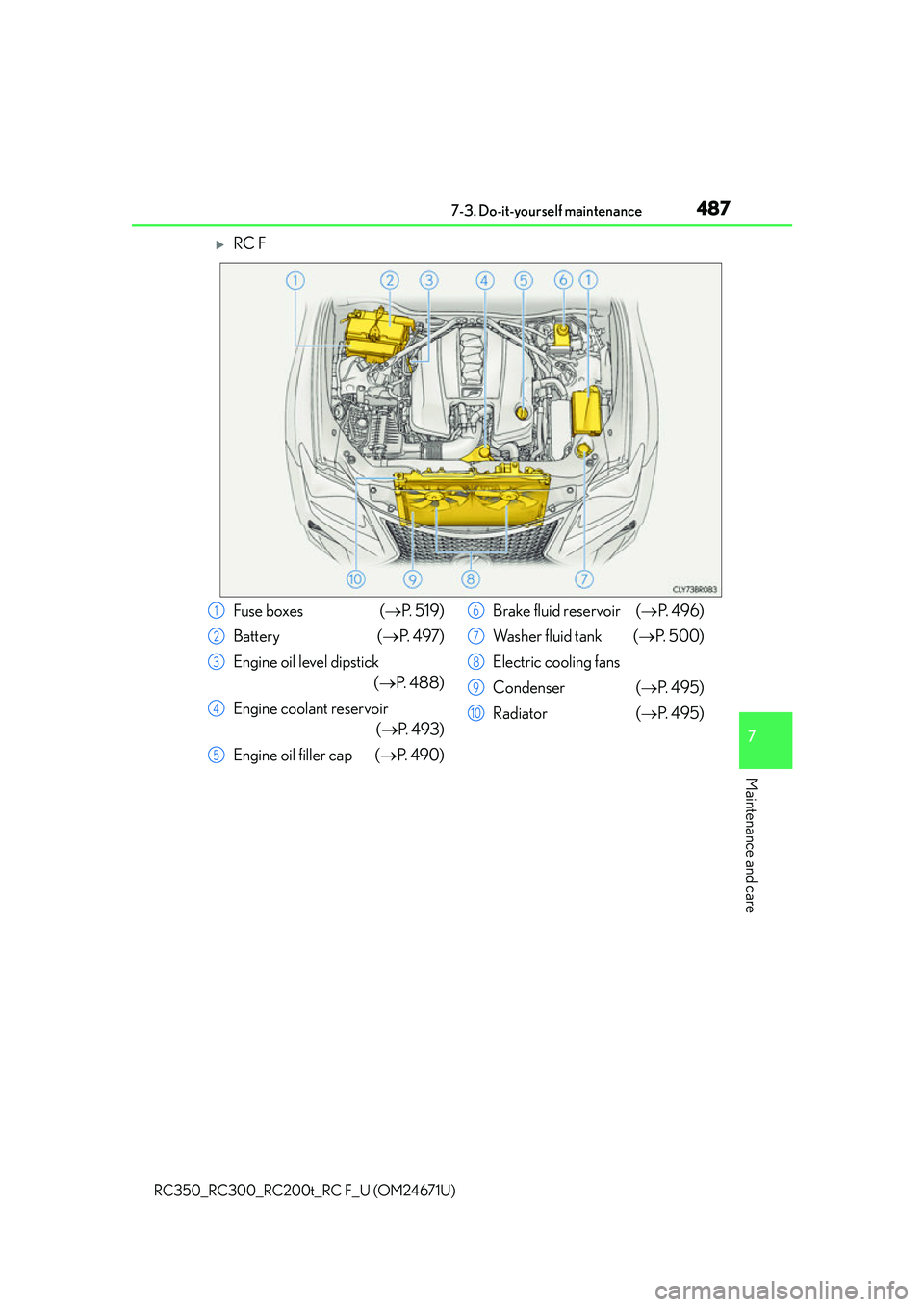 LEXUS RC300 2016  Owners Manual 4877-3. Do-it-yourself maintenance
7
Maintenance and care
RC350_RC300_RC200t_RC F_U (OM24671U)
RC F
Fuse boxes  (P.  5 1 9 )
Battery ( P.  4 9 7 )
Engine oil level dipstick  (P.  4 8 8 )
E