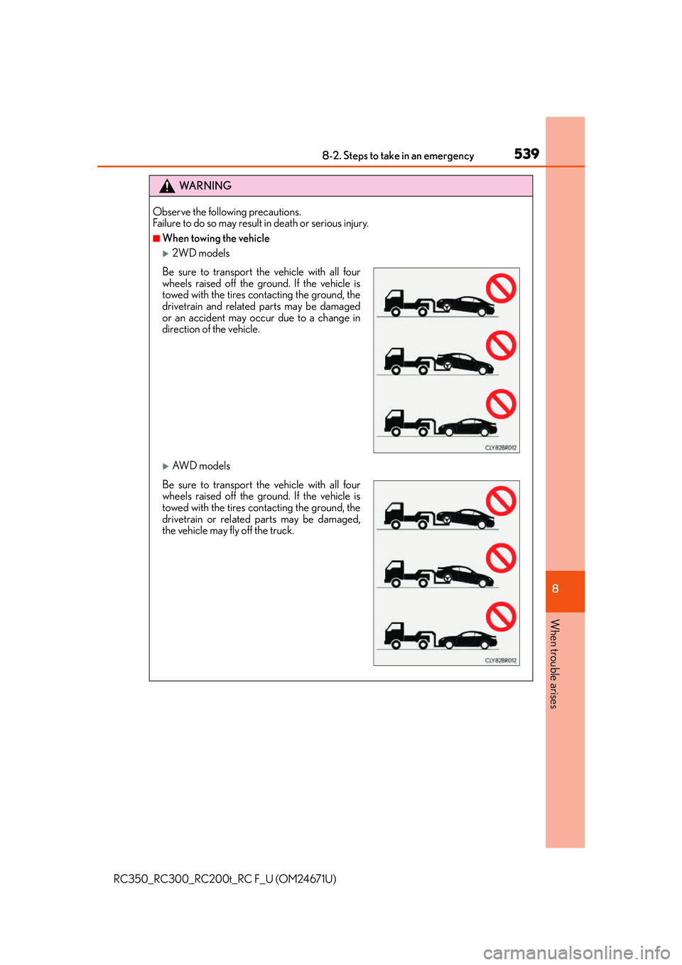 LEXUS RC300 2016  Owners Manual 5398-2. Steps to take in an emergency
8
When trouble arises
RC350_RC300_RC200t_RC F_U (OM24671U)
WA R N I N G
Observe the following precautions. 
Failure to do so may result in death or serious injury
