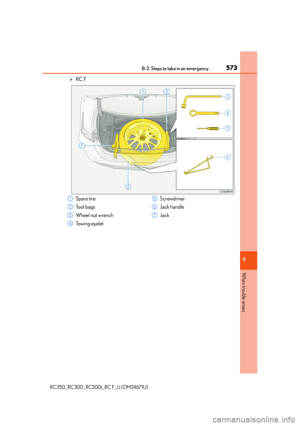 LEXUS RC300 2016  Owners Manual 5738-2. Steps to take in an emergency
8
When trouble arises
RC350_RC300_RC200t_RC F_U (OM24671U)
RC F
Spare tire
To o l  b a g s
Wheel nut wrench
Towing eyeletScrewdriver
Jack handle
Jack1
2
3
4
5
