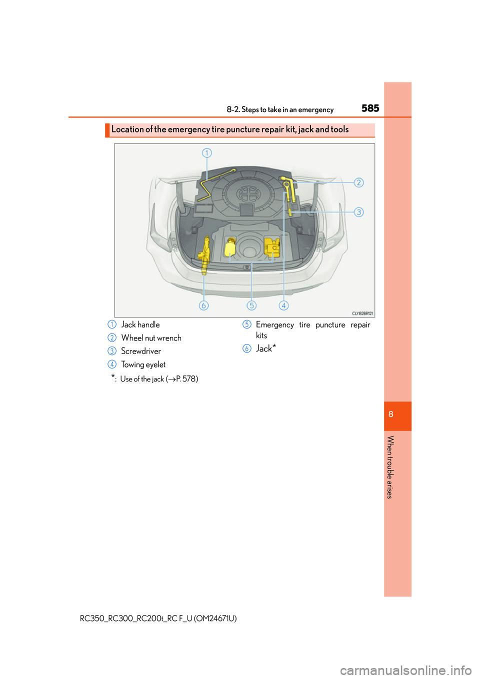 LEXUS RC300 2016  Owners Manual 5858-2. Steps to take in an emergency
8
When trouble arises
RC350_RC300_RC200t_RC F_U (OM24671U)
*:  Use of the jack (P.  5 7 8 )
Location of the emergency tire puncture repair kit, jack and tools

