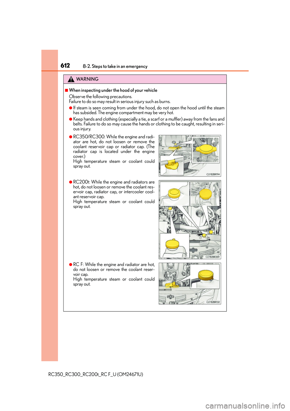 LEXUS RC300 2016  Owners Manual 6128-2. Steps to take in an emergency
RC350_RC300_RC200t_RC F_U (OM24671U)
WA R N I N G
■When inspecting under the hood of your vehicle
Observe the following precautions. 
Failure to do so may resul