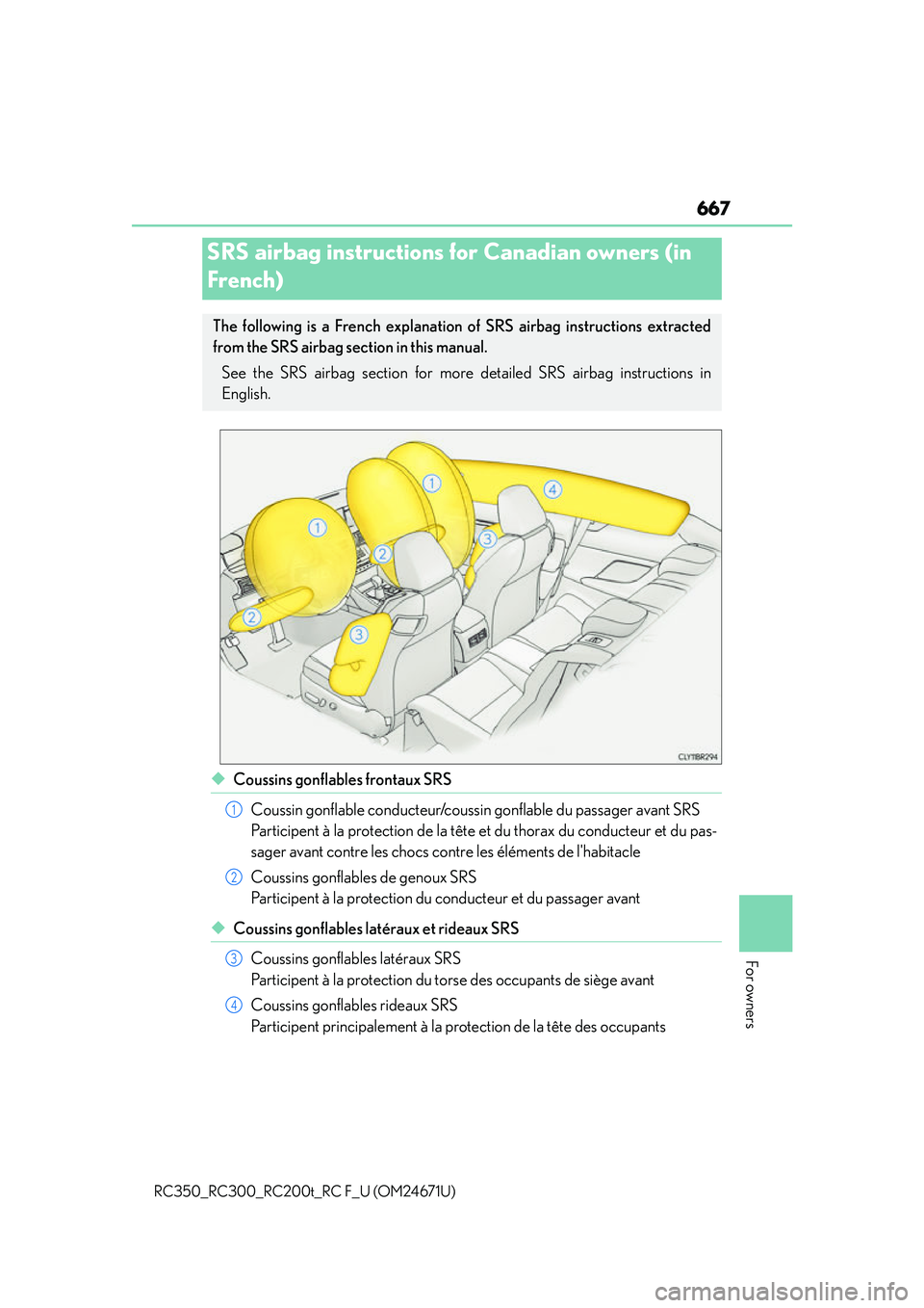 LEXUS RC300 2016 Owners Manual 667
For owners
RC350_RC300_RC200t_RC F_U (OM24671U)
◆Coussins gonflables frontaux SRSCoussin gonflable conducteur/coussin gonflable du passager avant SRS
Participent à la protection de la tête et LEXUS RC300 2016 Owners Manual 667
For owners
RC350_RC300_RC200t_RC F_U (OM24671U)
◆Coussins gonflables frontaux SRSCoussin gonflable conducteur/coussin gonflable du passager avant SRS
Participent à la protection de la tête et