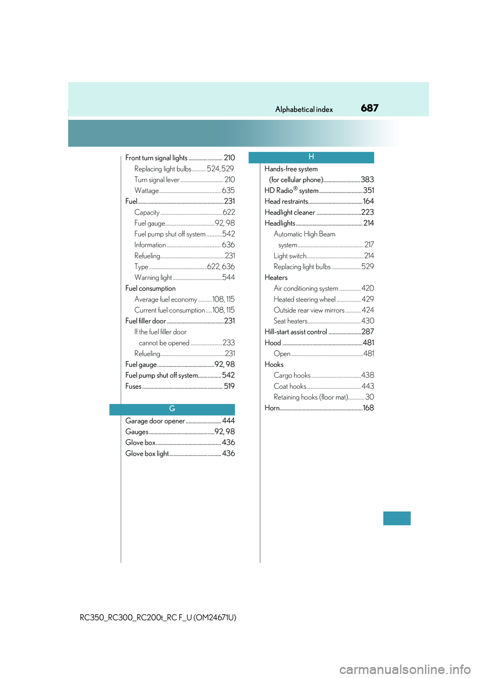 LEXUS RC300 2016  Owners Manual 687Alphabetical index
RC350_RC300_RC200t_RC F_U (OM24671U)
Front turn signal lights ......................... 210Replacing light bulbs ........... 524, 529 
Turn signal lever .........................