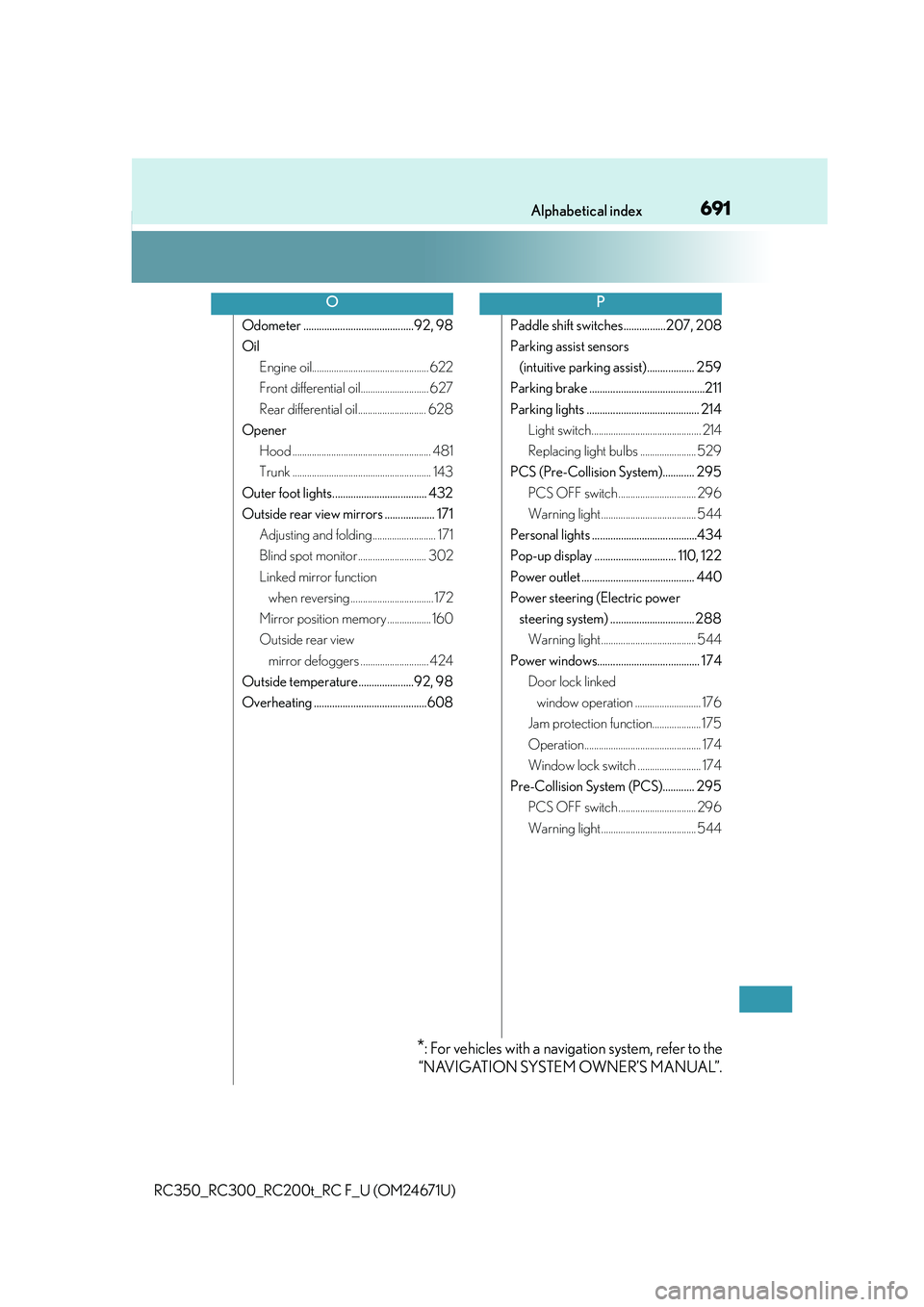 LEXUS RC300 2016  Owners Manual 691Alphabetical index
RC350_RC300_RC200t_RC F_U (OM24671U)
Odometer ..........................................92, 98
OilEngine oil................................................ 622
Front differentia