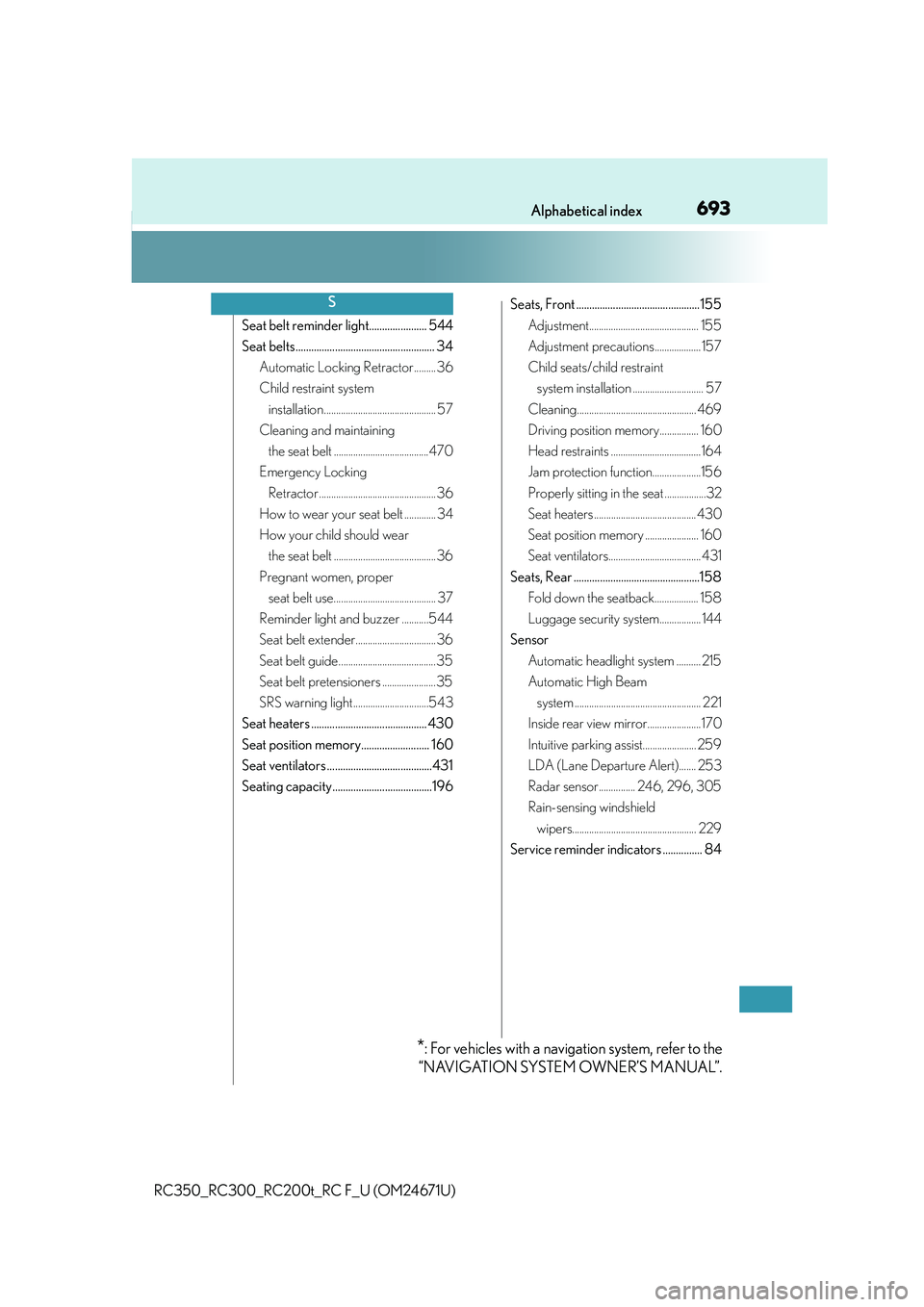 LEXUS RC300 2016  Owners Manual 693Alphabetical index
RC350_RC300_RC200t_RC F_U (OM24671U)
Seat belt reminder light...................... 544
Seat belts..................................................... 34Automatic Locking Retrac