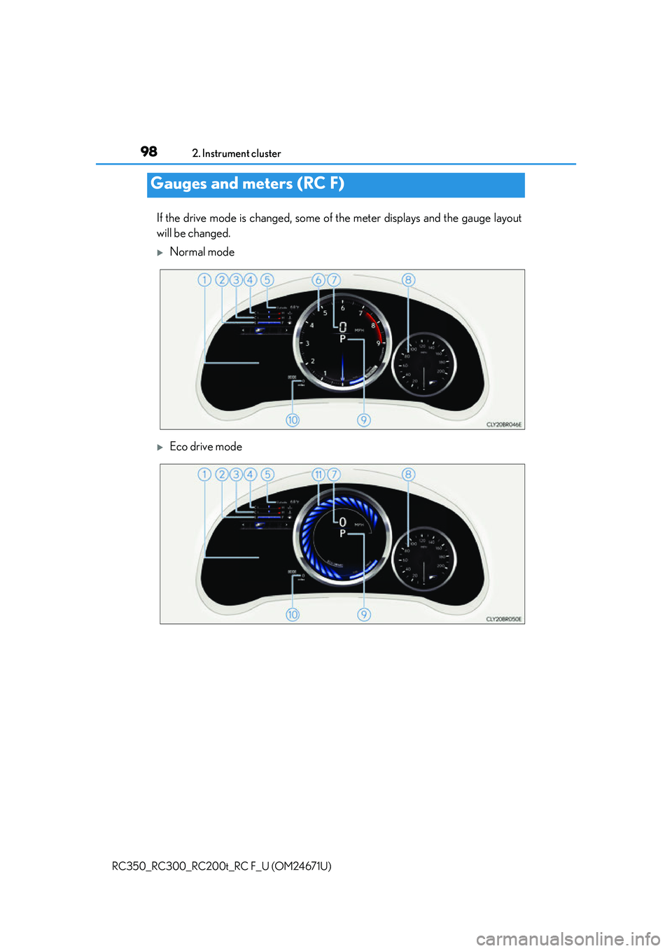 LEXUS RC300 2016  Owners Manual 982. Instrument cluster
RC350_RC300_RC200t_RC F_U (OM24671U)
If the drive mode is changed, some of  the meter displays and the gauge layout
will be changed.
Normal mode
Eco drive mode
Gauges and