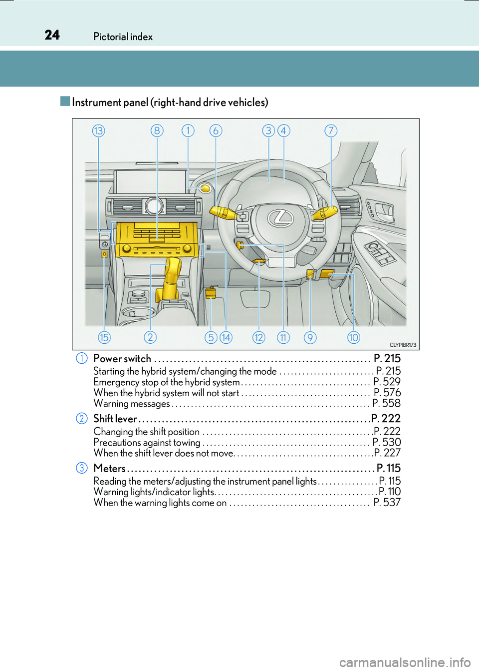 LEXUS RC300H 2017 Owners Manual 24Pictorial index
RC300h_EE(OM24740E)
■Instrument panel (right-hand drive vehicles)
Power switch . . . . . . . . . . . . . . . . . . . . . . . . . . . . . . . . . . . . . . . . . . . . . . . . . . LEXUS RC300H 2017 Owners Manual 24Pictorial index
RC300h_EE(OM24740E)
■Instrument panel (right-hand drive vehicles)
Power switch . . . . . . . . . . . . . . . . . . . . . . . . . . . . . . . . . . . . . . . . . . . . . . . . . .